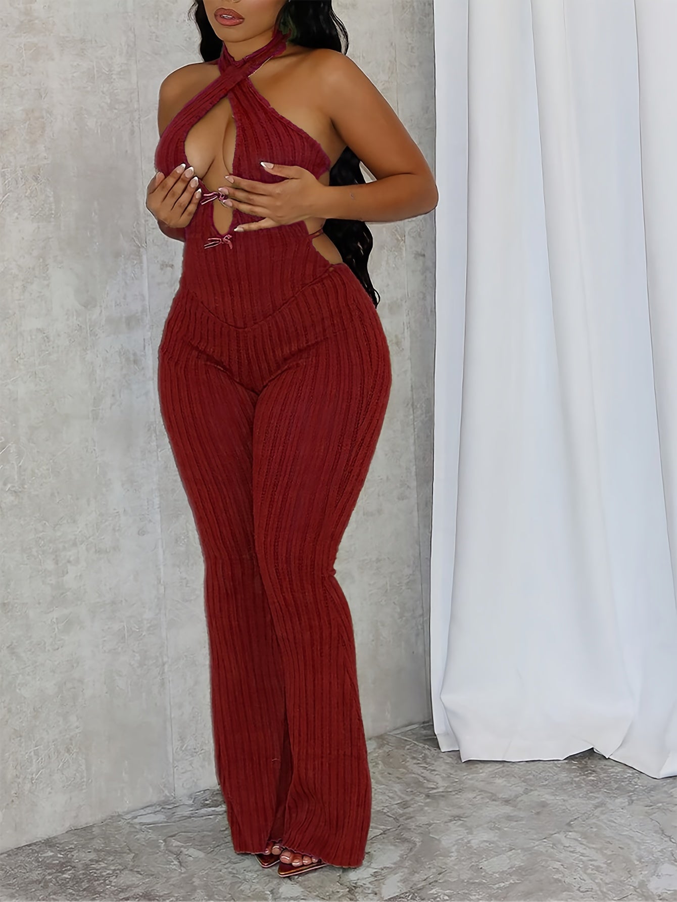 Inwoman Women's Sexy Backless Halter Neck Jumpsuit - Crisscross Sleeveless Fuzzy Knit Romper with Bow Detail, Solid Color Machine-Washable Night Party Wear for Spring/Summer, Romantic Evening Wear | Crisscross Design | Detail