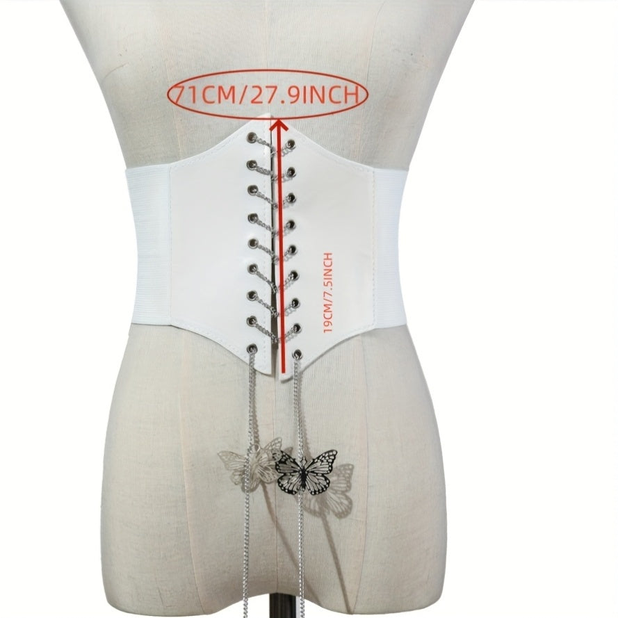 1pc Women'S Wide Court Style Corset Belt with Butterfly Chain Embroidery, Casual Stretchy Faux Leather Waist Cincher, Adjustable Lace-Up Design for Weekend Wear