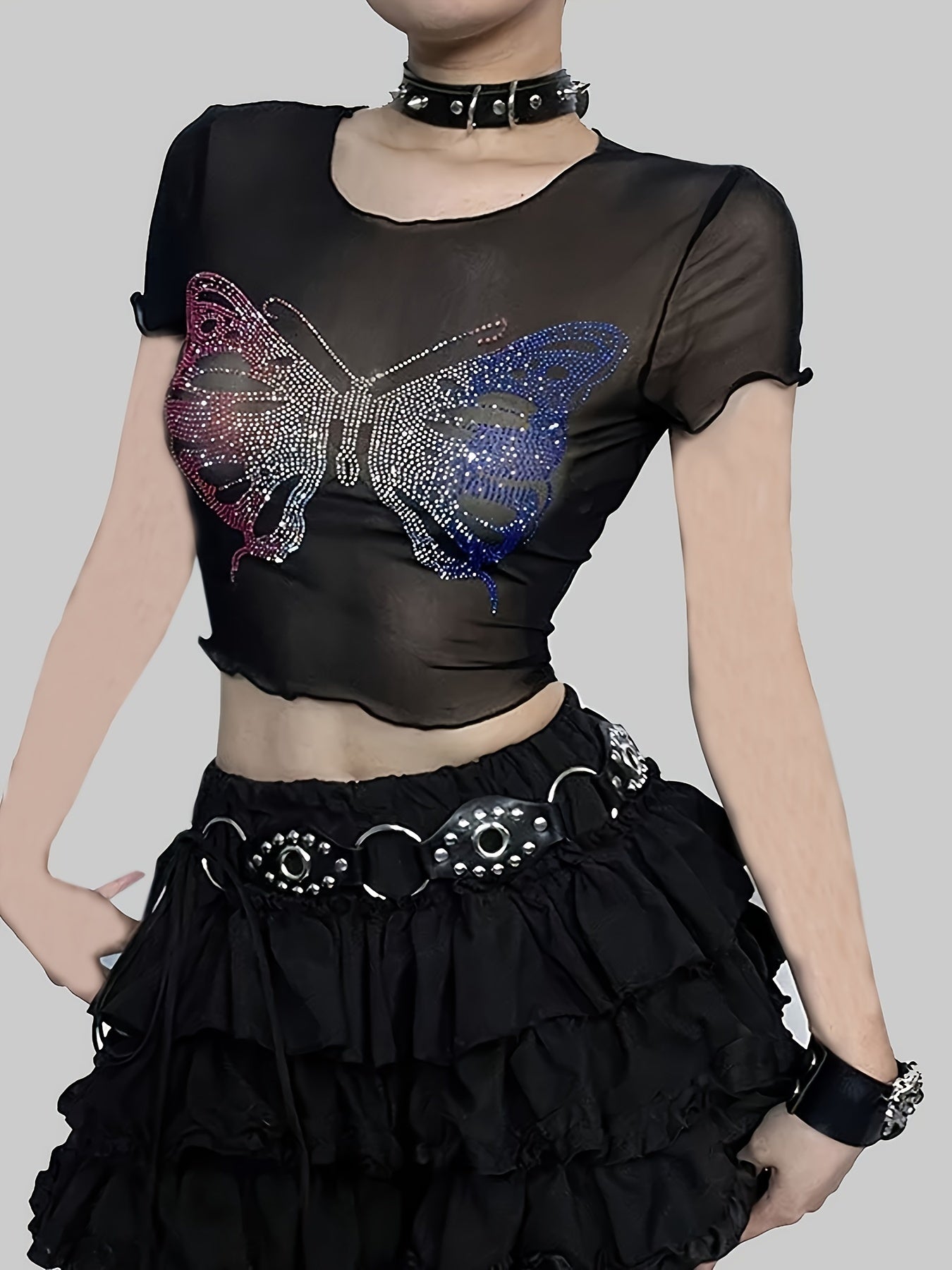 Fashion Butterfly Rhinestone Sexy Sheer Belly Button Short Women's T-Shirt with Round Neck Mesh Top and Wooden Ears, No Underwear Included