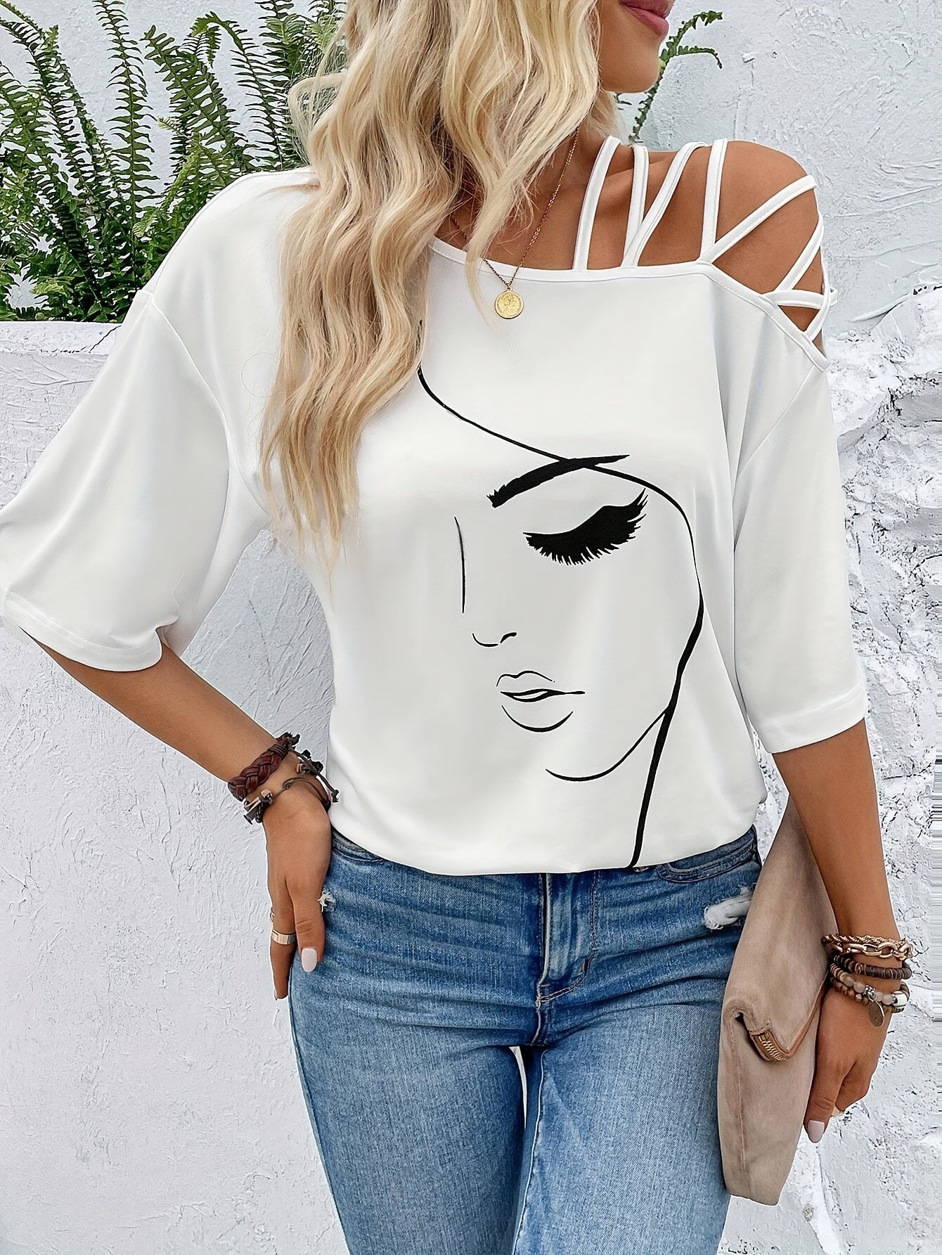 Figure Print Cold Shoulder -Shirt, Casual Half Sleeve T-Shirt For Spring & Summer, Women's Clothing