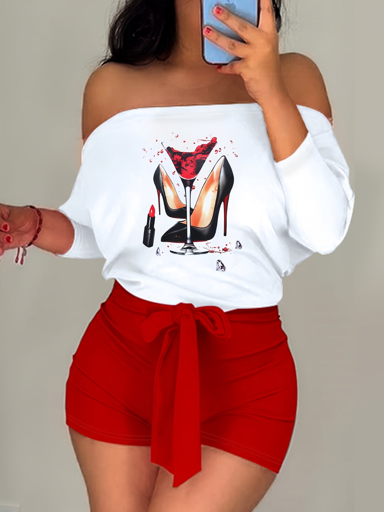 Color Block Graphic Print Romper Jumpsuit, Casual Off Shoulder Long Sleeve Tie Waist Slim Romper Jumpsuit, Women's Clothing