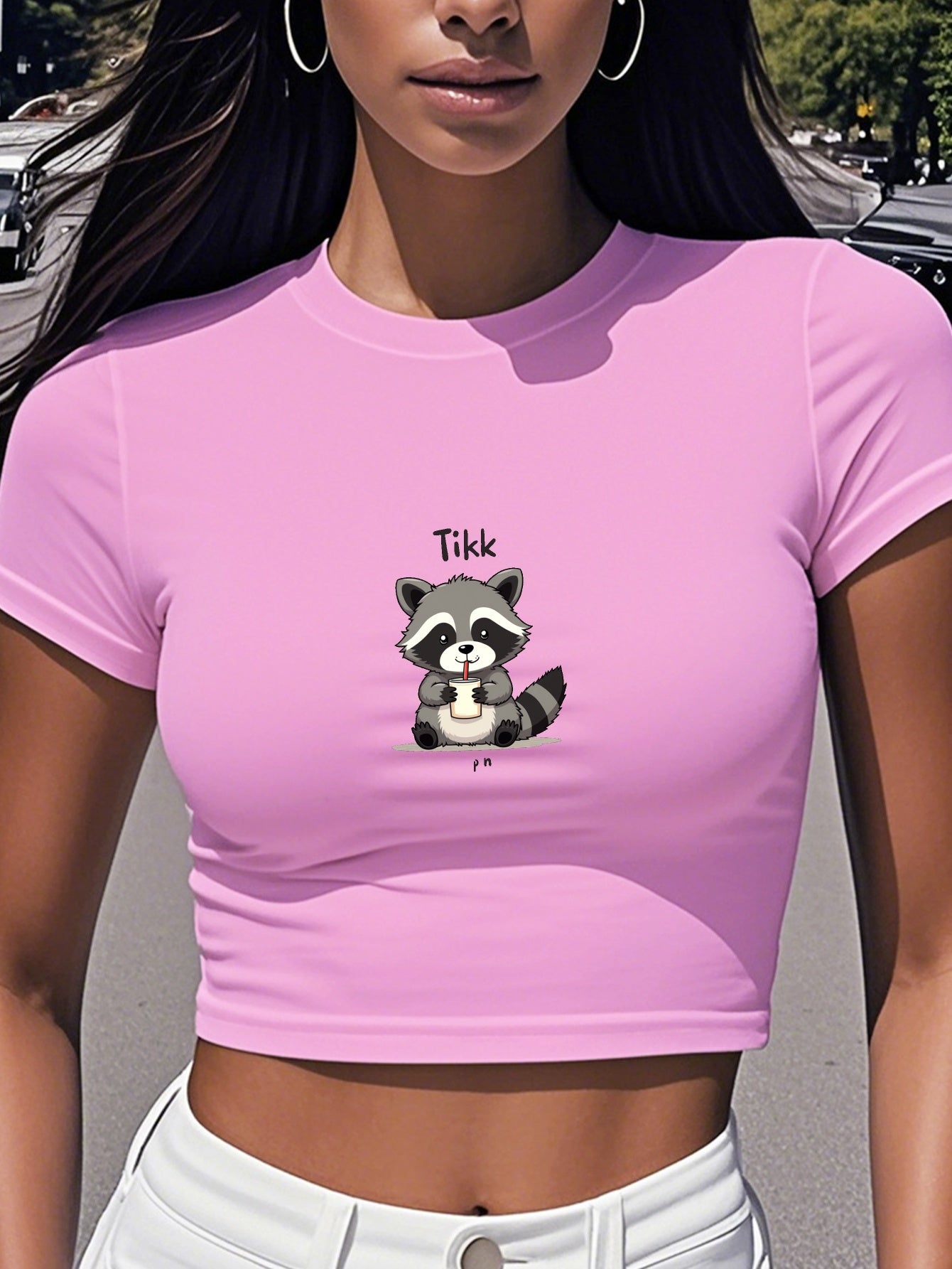Women'S "TikTok" Graphic Raccoon Short Sleeve T-Shirt - White, Casual, All-Season Top with Round Neck, Casual Attire | Playful Print | Comfortable Fit, Raccoon Shirt