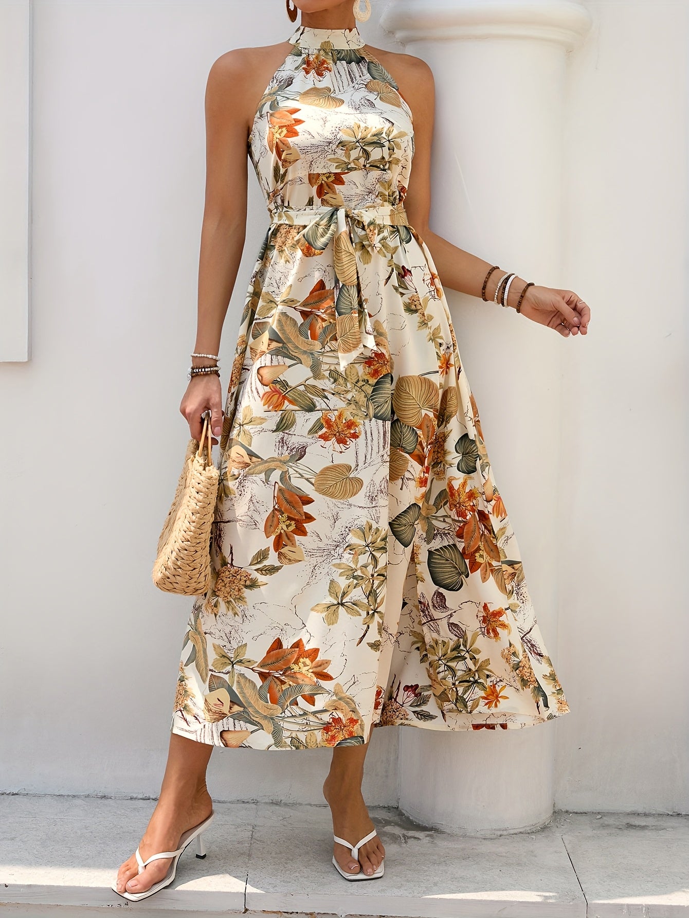 Belted Floral Print Split Halter Dress, Vacation Sleeveless Dress For Spring & Summer, Women's Clothing