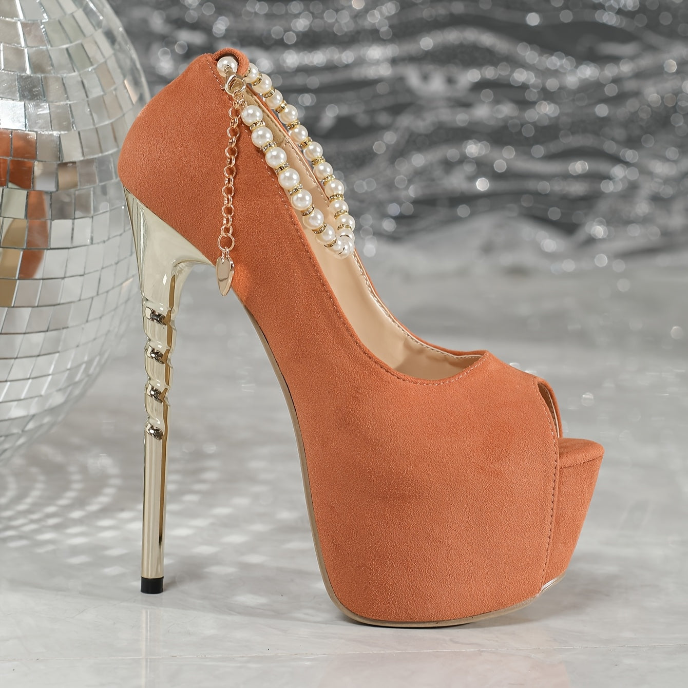2025 Italian Peep-Toe Pumps with Pearl Straps, Sexy High-Heeled Shoes with a 17 Cm Heel, Perfect for Runway Shows.