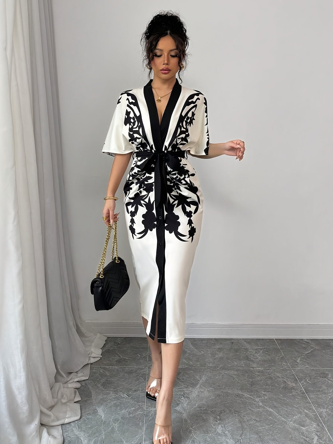 Women's Front Tie Short Sleeve Printed Slim Fit Dress {Elegant Directional}