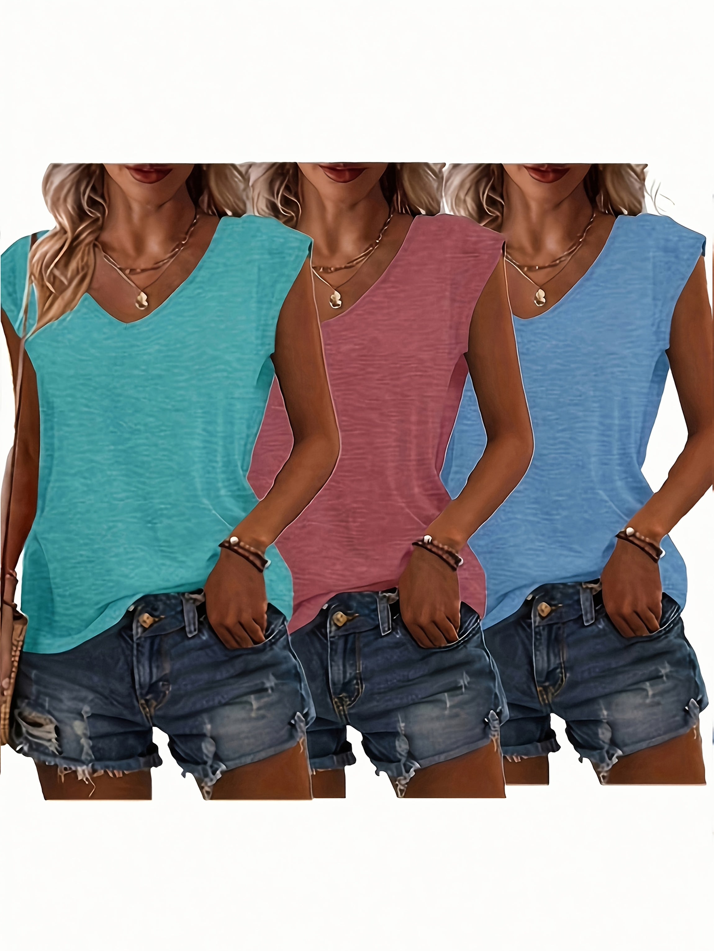[Versatile | Cute] 3pcs Women's Lightweight Casual V-Neck Short Sleeve T-Shirts | Polyester Blend, Solid Colors | Perfect for Spring & Summer Outfits