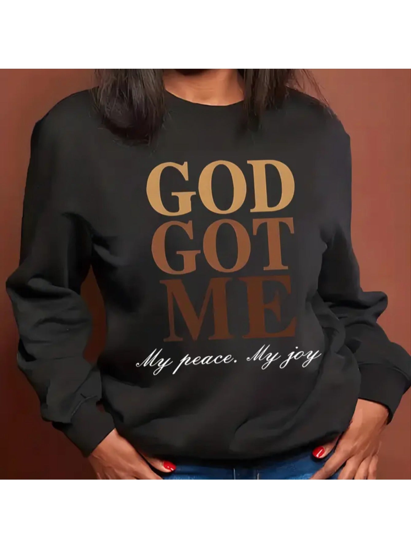 1pc Women's "God Got Me" Graphic Crew Neck Sweatshirt - Cozy Knit Long Sleeve Pullover for Fall/Winter, Black Casual Top with Inspirational Message, Machine Washable, Cute Sweatshirts