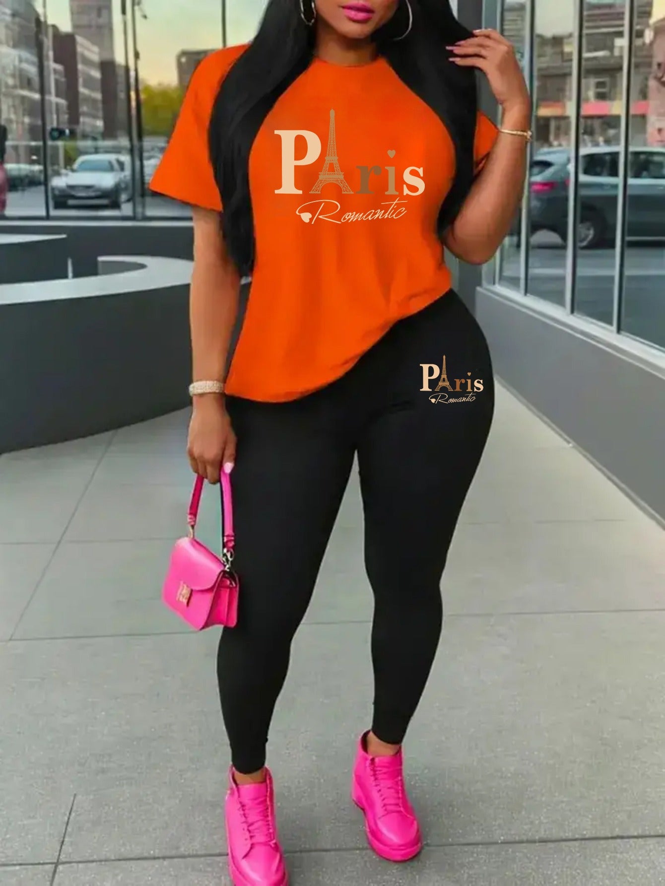 Eiffel Tower Paris-Inspired Women's Casual Outfit - Comfy Short Sleeve Tee & Stylish Pants Set, Machine Washable