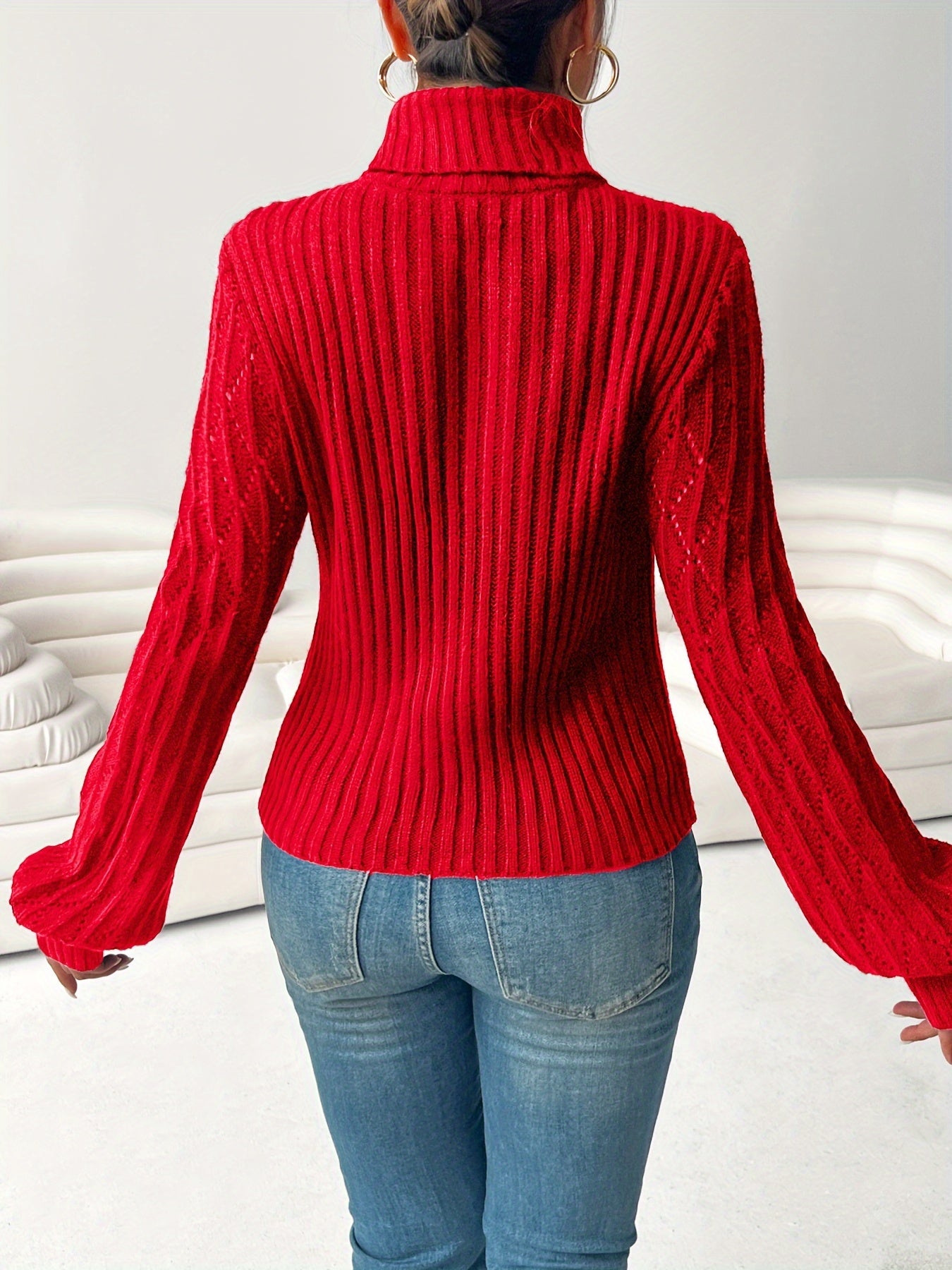 Cut Out Turtle Neck Textured Slim Sweater - Casual Long Lantern Sleeve - Soft & Cozy Fabric - For Fall & Winter - Women's Clothing - Perfect Gift for Fashionable Women