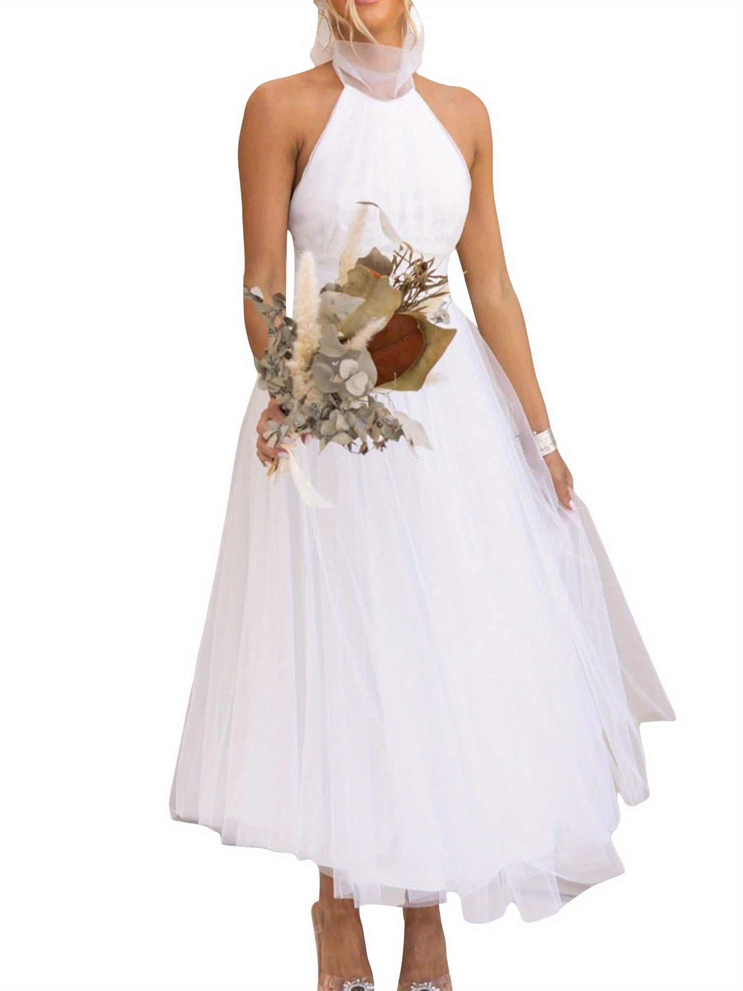 Womens Backless Long Dress Adjustable Tie Halter Neck Tulle High Waist Solid Party Wedding Dress