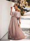 Elegant Off-Shoulder Pleated Maxi Dress for Women - Solid Color, Flowy A-Line Silhouette, Lightweight Polyester, Perfect for Summer Beach Vacation