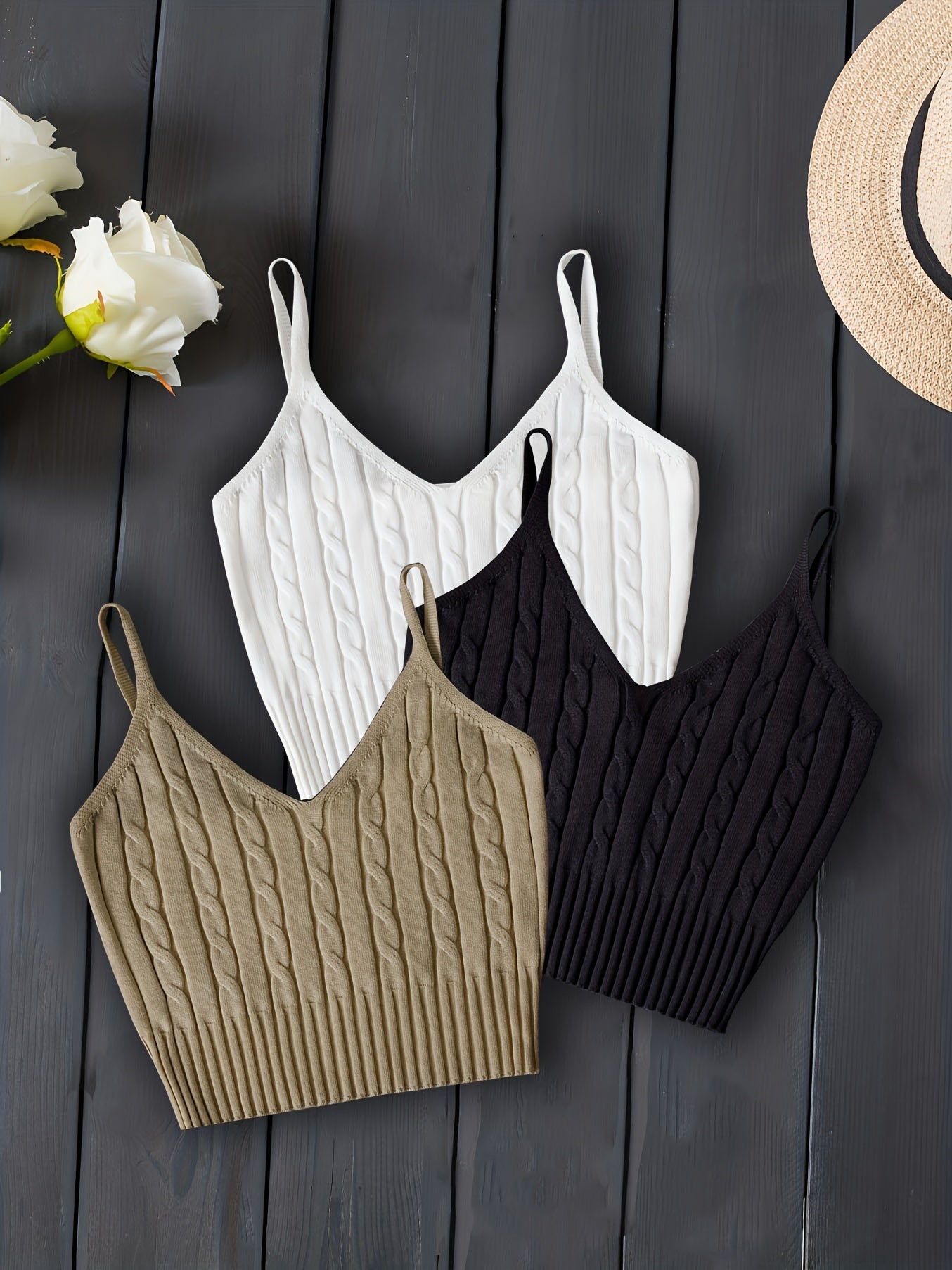 3-Pack Valentines Day Cable Knit Cami Tops - Soft V-Neck, Sleeveless Slim Crop, Adjustable Straps, Versatile Layering Essential - Womens Clothing, Celebrate Love in Style