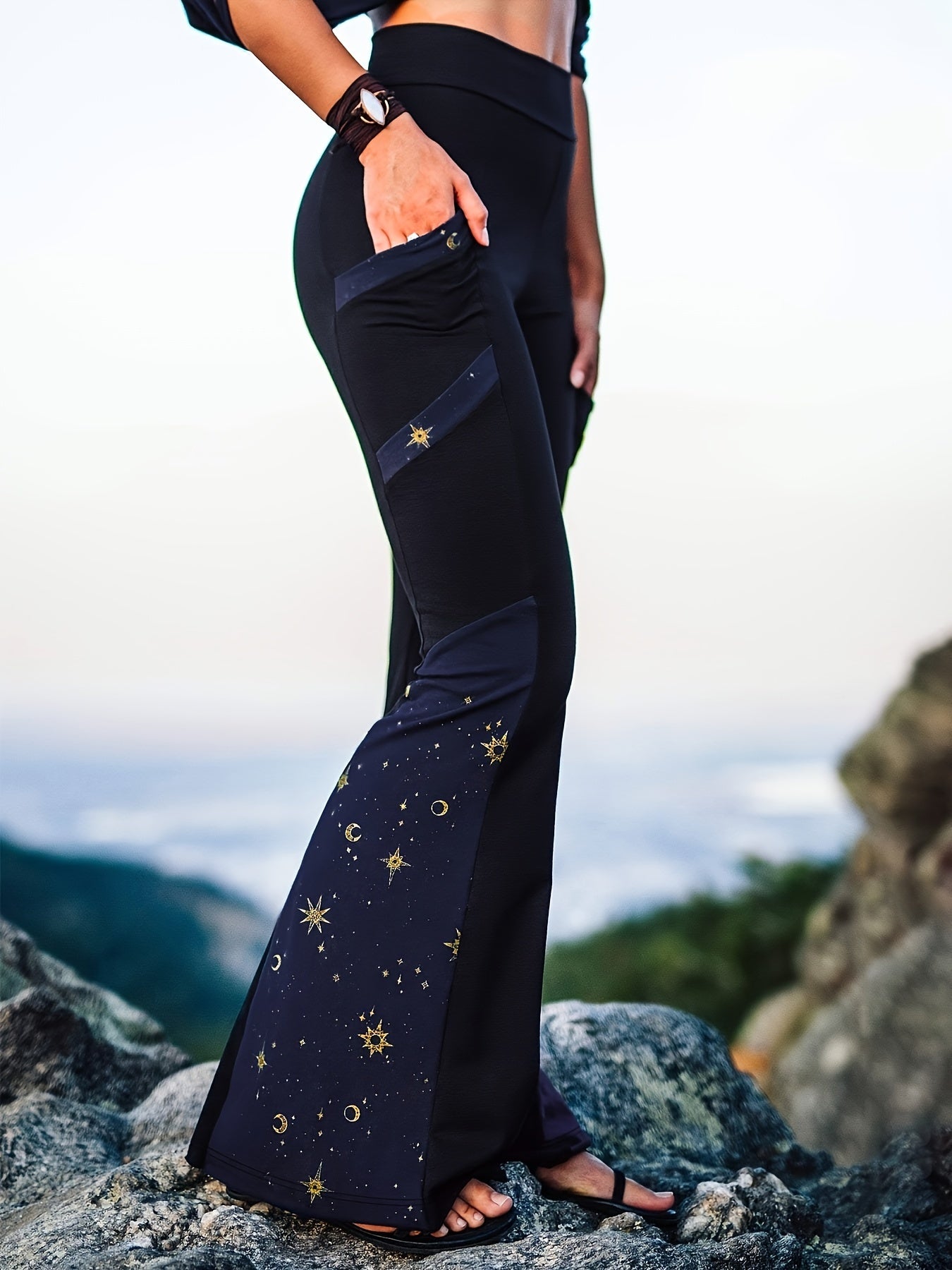 Plus Size Moon Print Flared Pants with Pockets, Casual Spring/Fall Women's Clothing