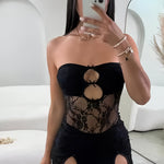 Women's Sexy Strapless Lace Mini Dress, Geometric-Patterned Polyester 95% Elastane 5%, Woven Contrast Lace Detail, Hollow Out Sleeveless Design for Adults, Lace Dress