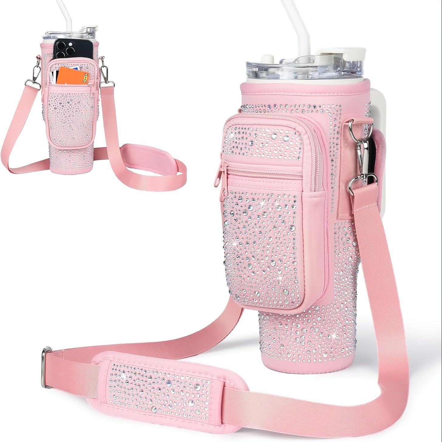 [Bling Neoprene Bottle Carrier] Multifunctional Neoprene Water Bottle Carrier - Insulated Sleeve Bag with Phone Holder, Card Slots, Detachable Strap for 40/30 Oz Tumblers - Bling Diamond Design, Key Hook