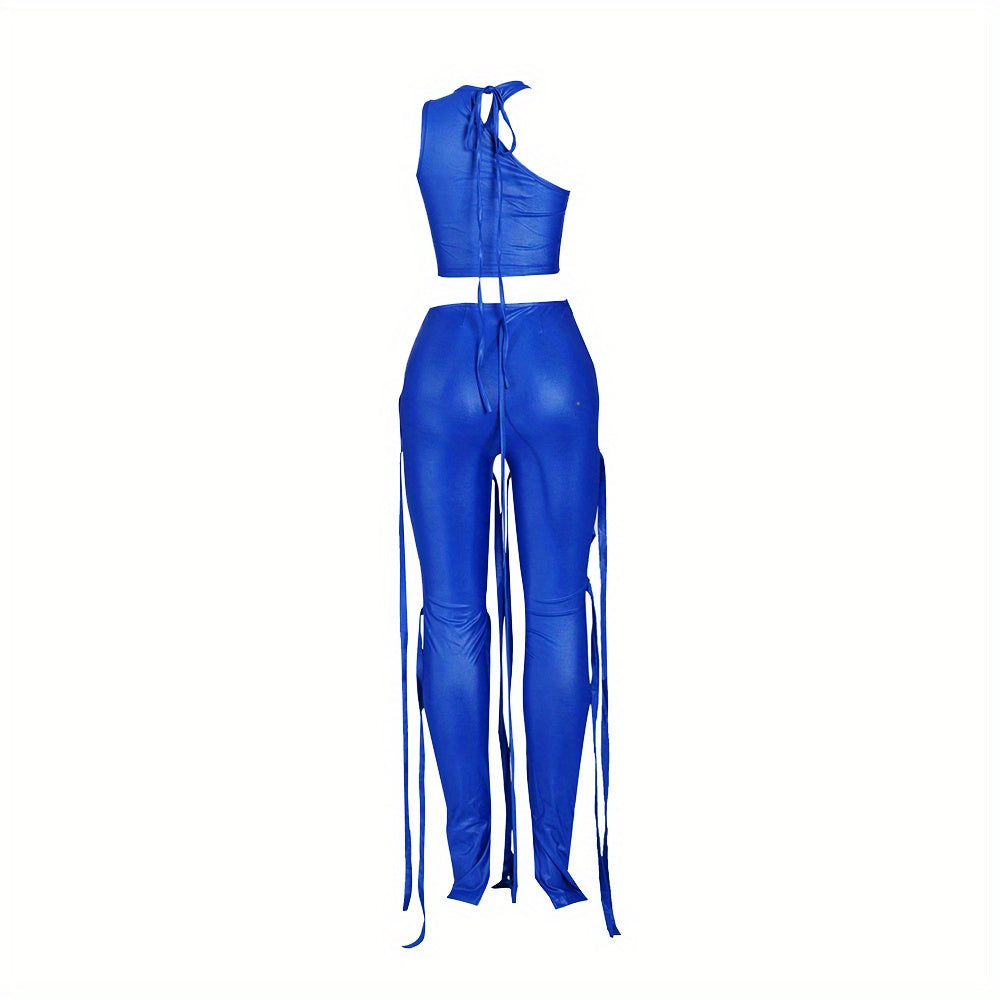 Chic Solid Two-piece Outfit Set - Trendy Asymmetrical Sleeveless Top & Slim-Fit Pants - Flattering Womens Wardrobe Essential