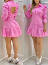 Women's Bright Pink Heart Cut-Out Back Long Sleeve Shirt Dress with Ruffled Hem & Elastic Waist - Summer Casual Chic Office Date Vacation Outfit, Vacation Attire, Nontransparent Fabric