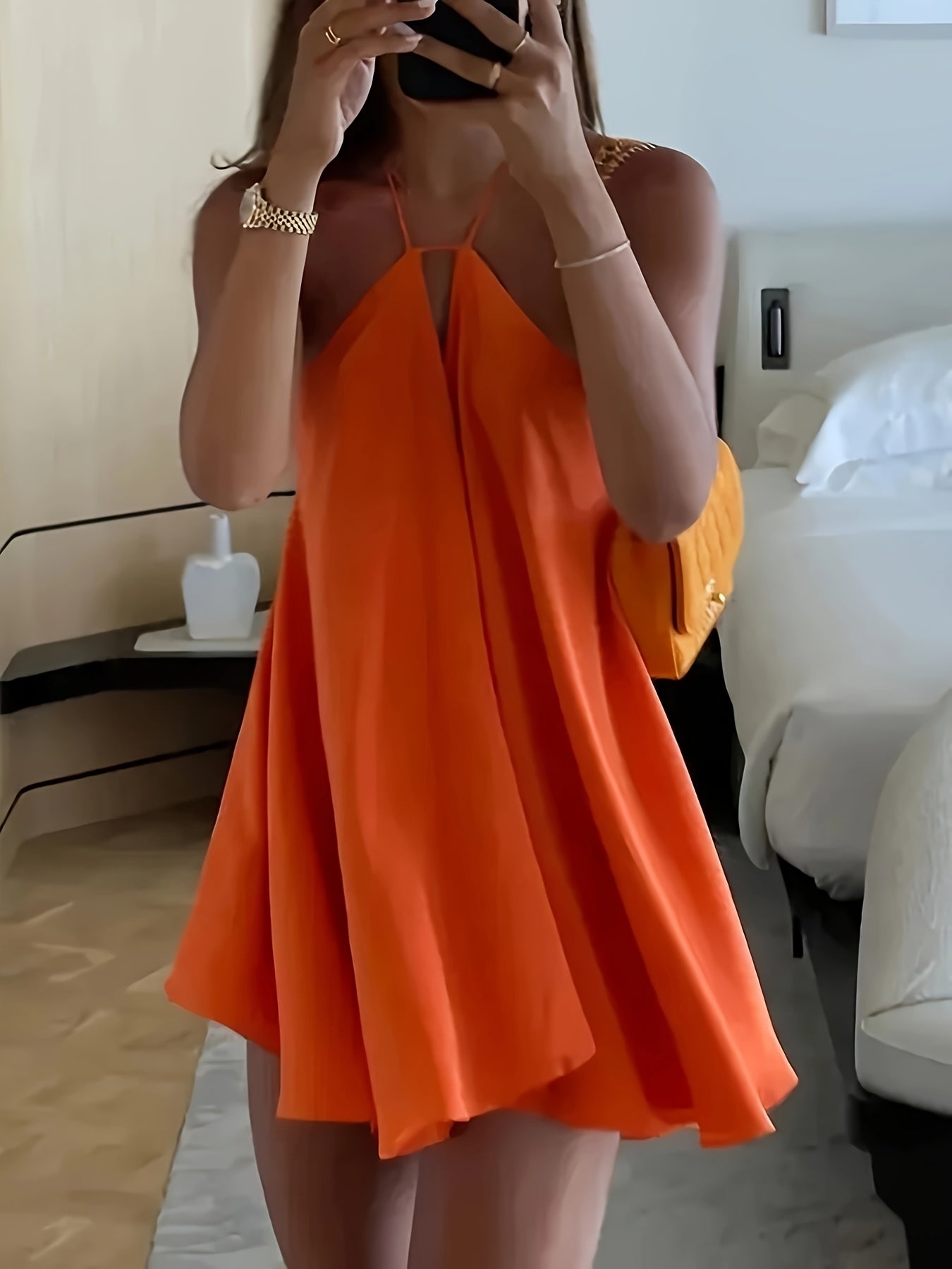 Women's Sexy Backless V-Neck A-Line Dress - Sleeveless, Tie-Back Waist, Flowy Orange Mini Dress for Summer, Beach & Casual Outings