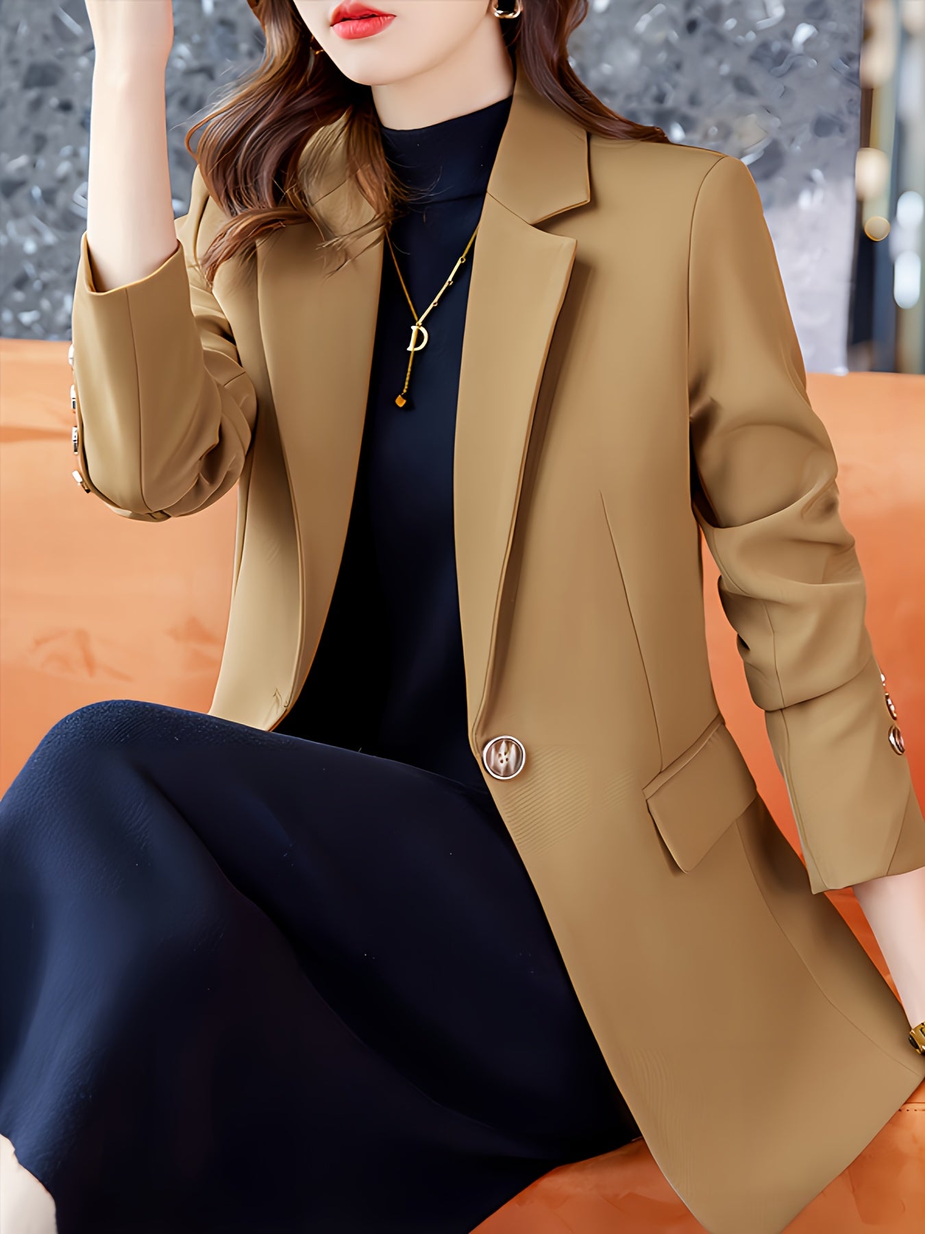 Elegant Long Sleeve Notched Collar Button Front Blazer for Office & Work, Women's Clothing