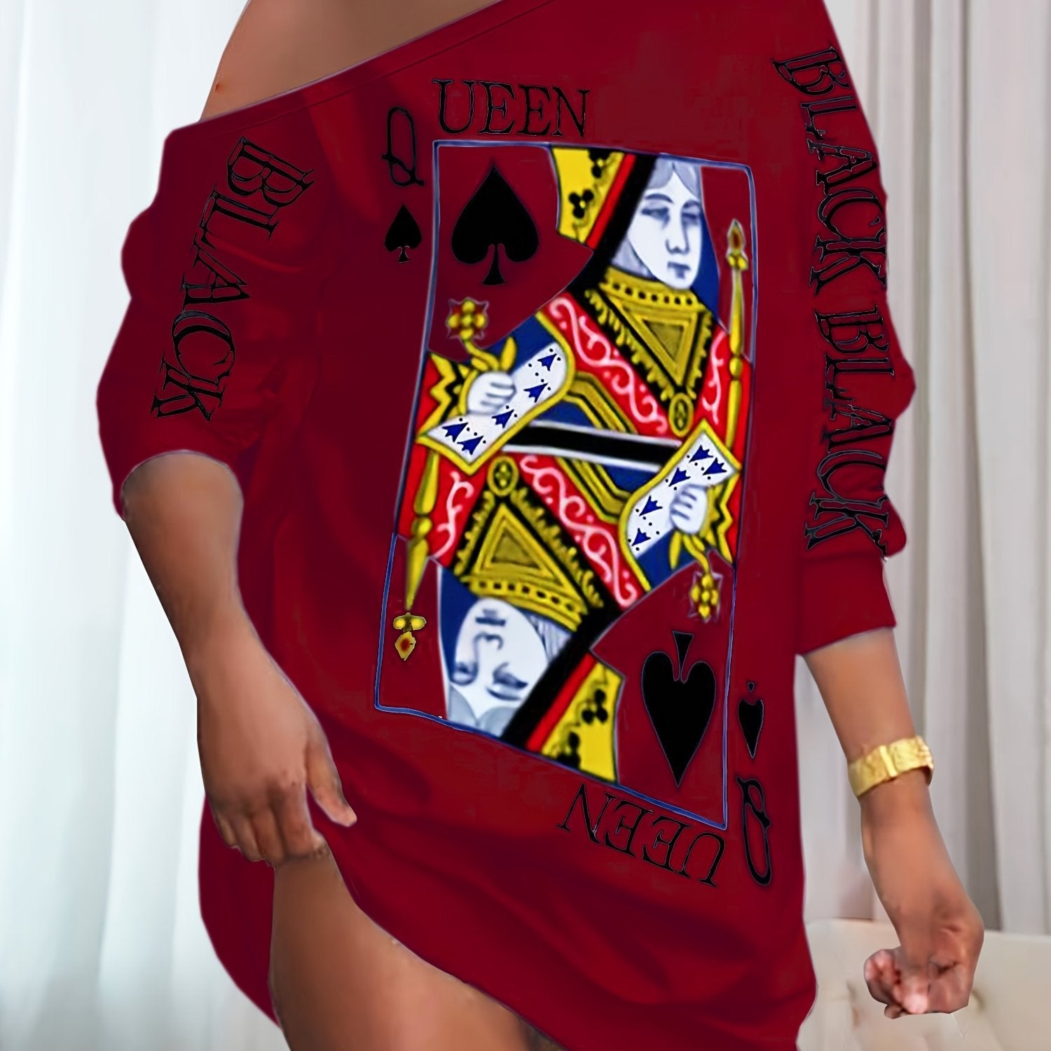 Women's Poker Print Sexy Lounge Dress, One Shoulder Long Sleeve Slash Neck Dress, Comfortable Home Wear For Fall
