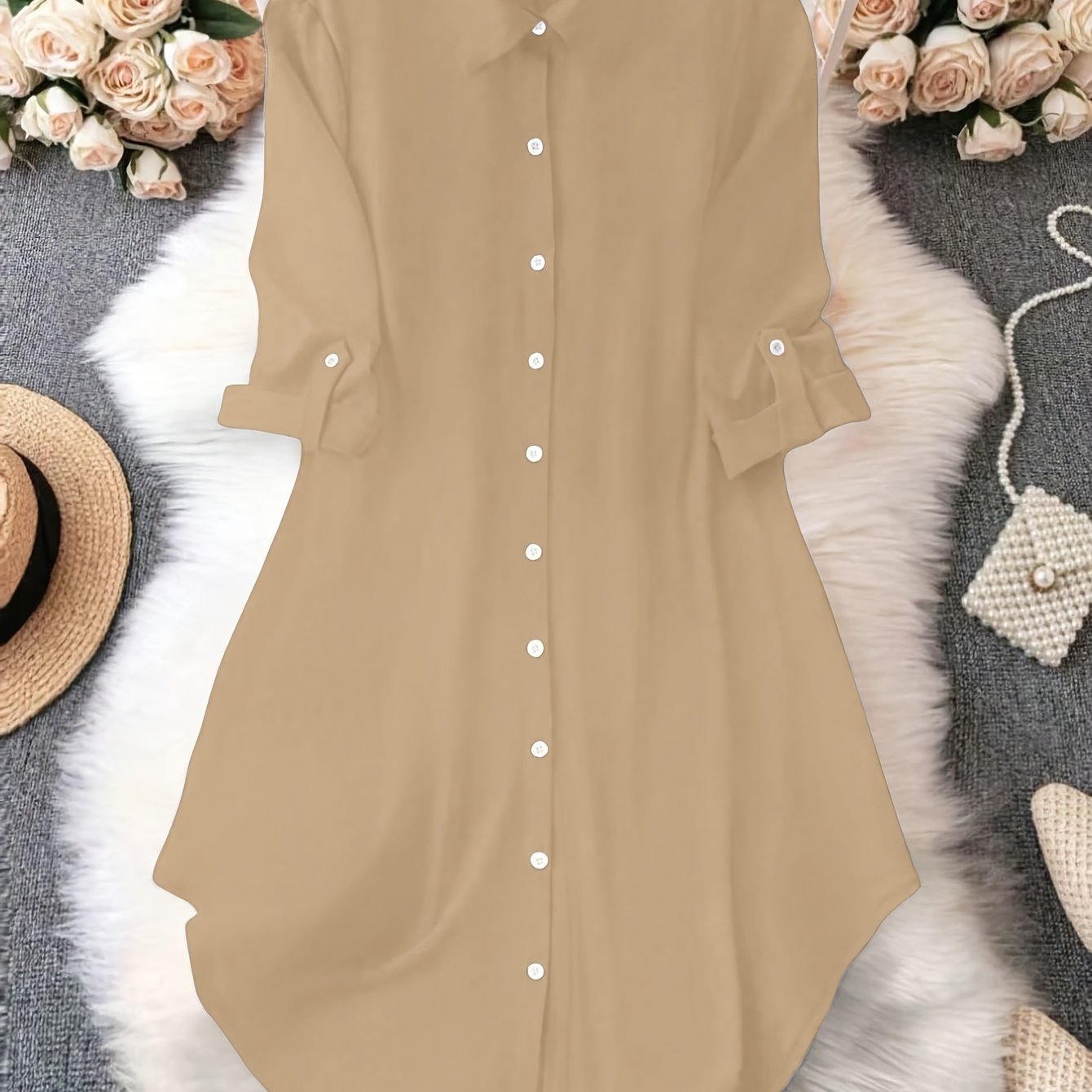 Women'S Light Blue Dress Shirt with Front Buttons and Sleeves - Casual Crew Neck, Long Sleeve, Solid Color, Polyester, Perfect for Spring and Fall, Ladies Dress