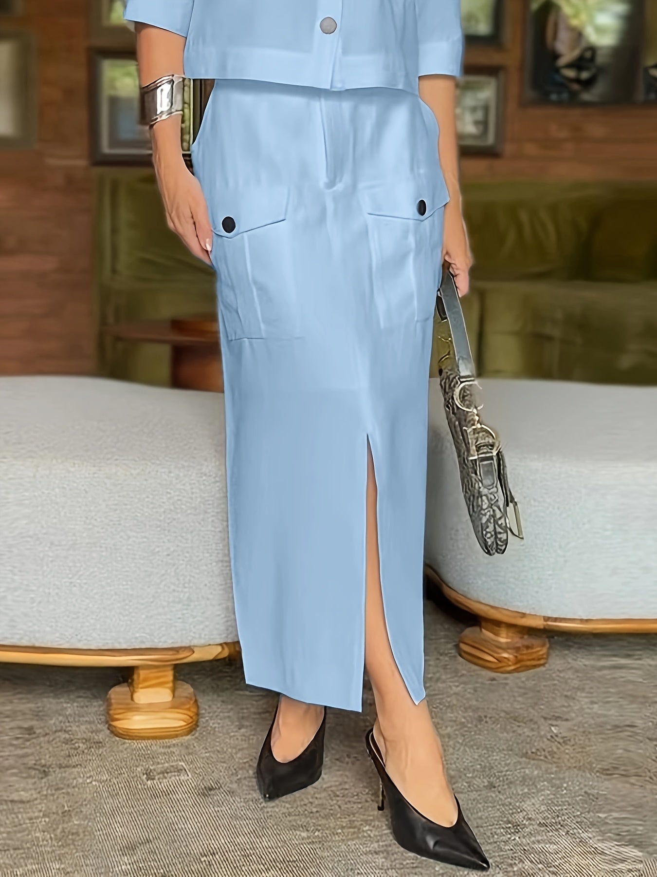 Elegant Light Blue Women'S Summer Casual Flap Collar Dress Set - Sleeveless Top with Pockets, High-Waisted Skirt with Slit, Stylish Black Heels, Perfect for Spring and Summer, Casual Attire|Modern Casualwear|Pocketed Skirt