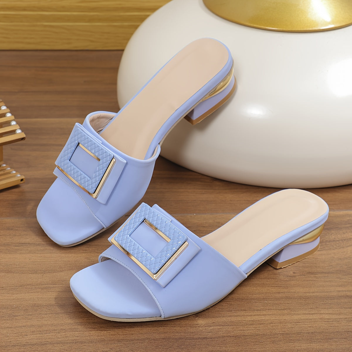Women's Metallic Buckle Sandals, Slip On Elegant Square Toe Shoes, Chunky Heel Daily Footwear