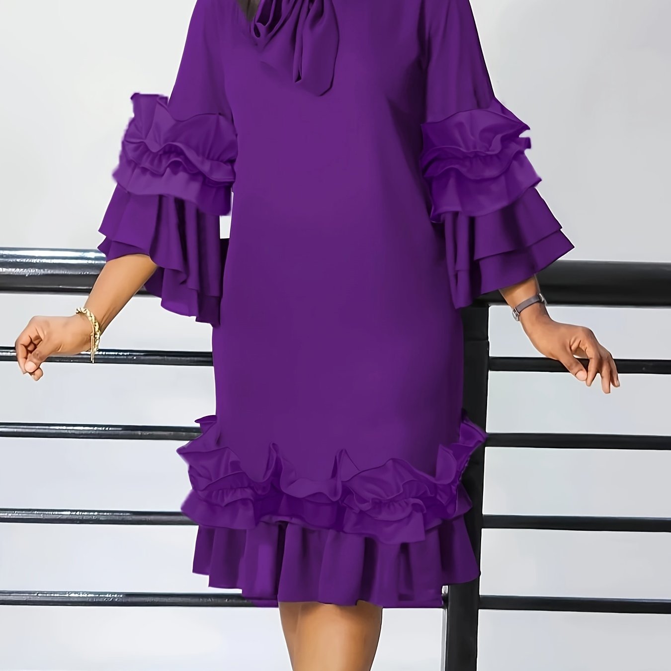 Elegant Ruffled Tie Neck Long Sleeve Dress for Women, Spring/Fall Casual Wear