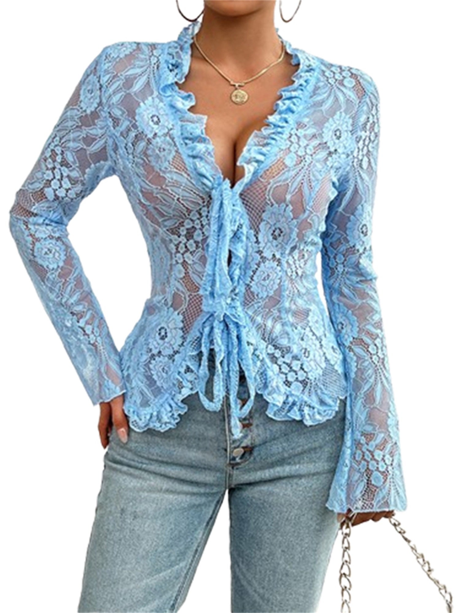 Women's Sheer Blue Lace Tie-Front Blouse - Long Sleeve V-Neck Floral Top for Casual & Clubwear, High Stretch Polyester Fabric, Elegant Ruffled Detailing, Casual Clubwear | Floral Lace Design | Intricate Lace Texture