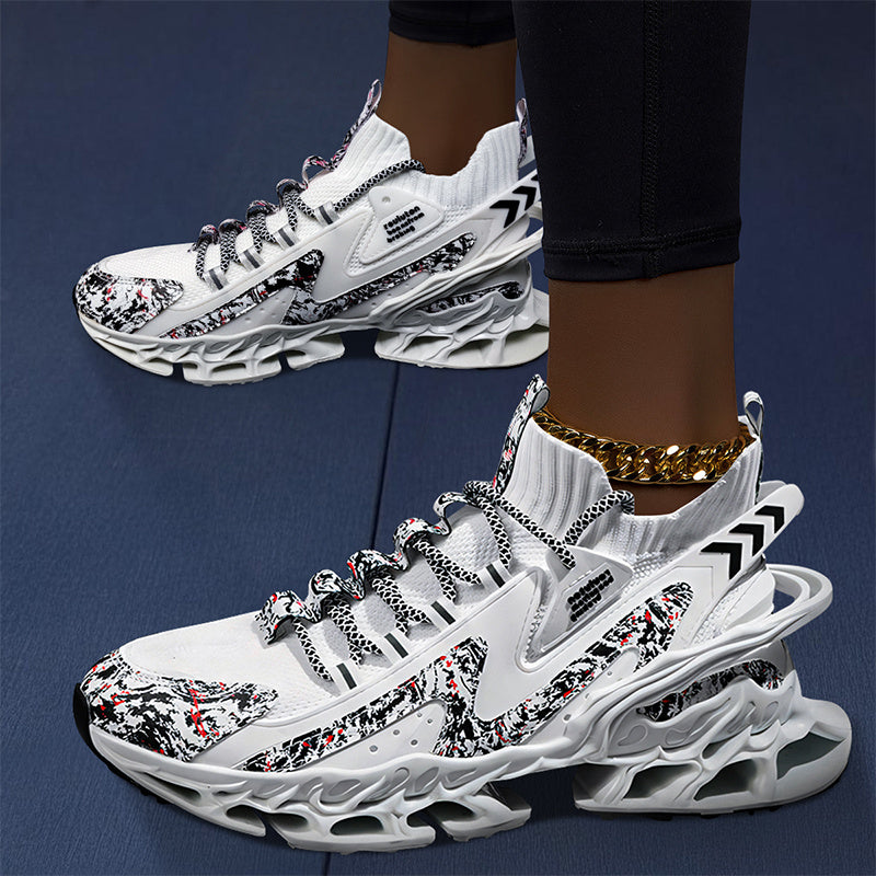 [White Breathable Mesh Sneakers] Stylish White Breathable Knit Mesh Sneakers - Women's Fashion Athletic Running Shoes with Non-Slip Blade Sole, Comfortable Lace-Up Mid-Top for Tennis & Casual Wear