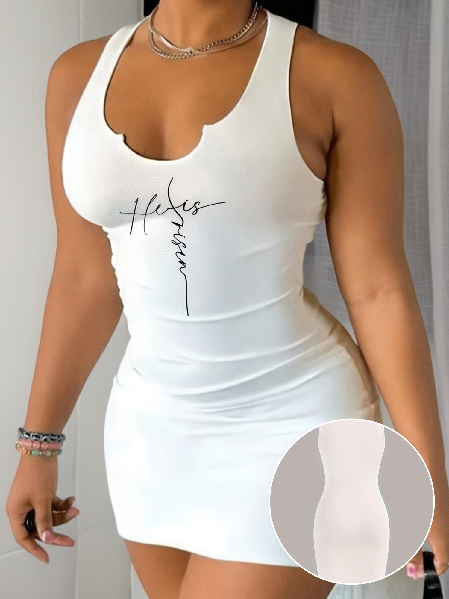 Letter Print Sleeveless Dress, Sexy Notched Neck Bodycon Tank Dress For Spring & Summer, Women's Clothing