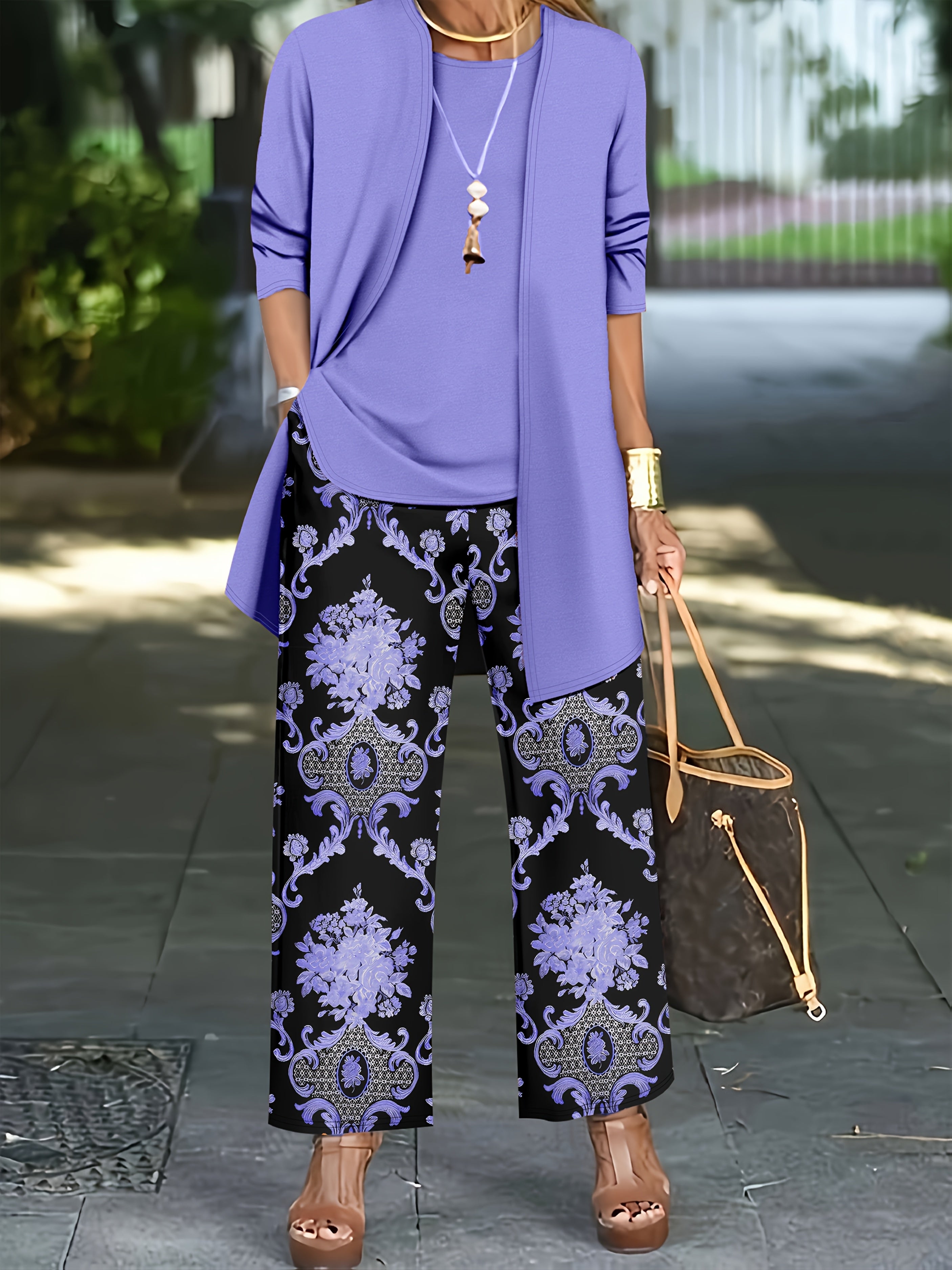 Women'S Elegant Plus Size Solid Color Cardigan and Tank Top Set with Paisley Print Pants - Stylish Three-Piece Outfit for Casual Attire, Casual Attire|Paisley Print Pants|Stretchy Fabric, Plus Size Clothing