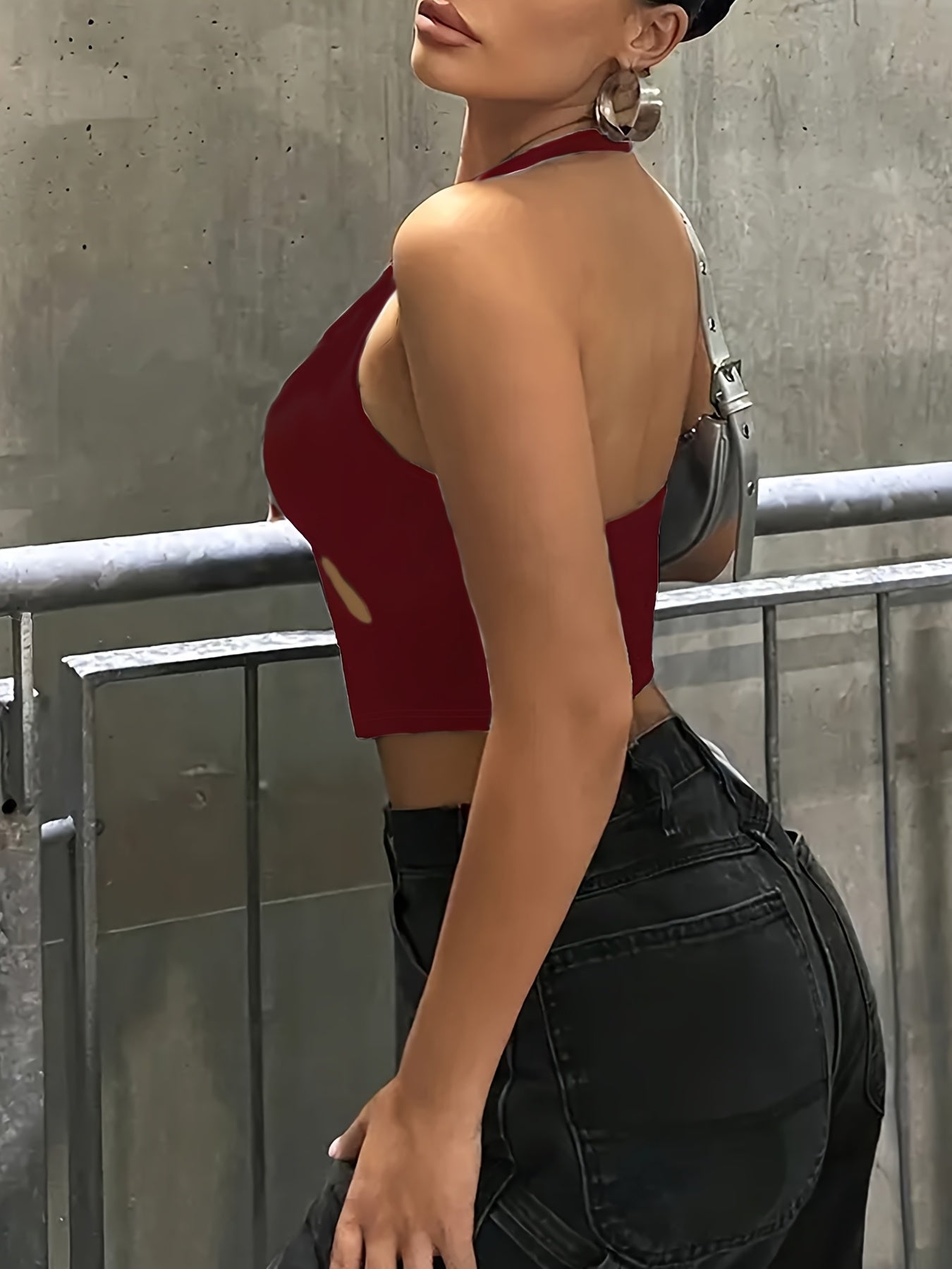 Sexy Backless Halter Neck Tank Top for Women - Sleeveless Cut-Out Design, High Stretch Polyester Fabric, Machine Washable, Perfect for Evening Outfits