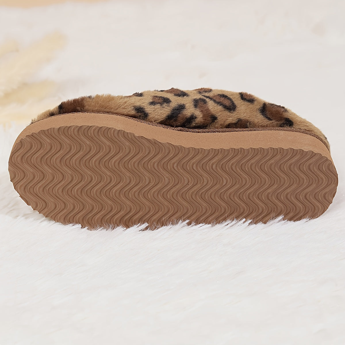 Women'S Leopard Slippers Fleece Lined Knitted Plush Fabric Comfy Anti-Skid Home Shoes Indoor Outdoor