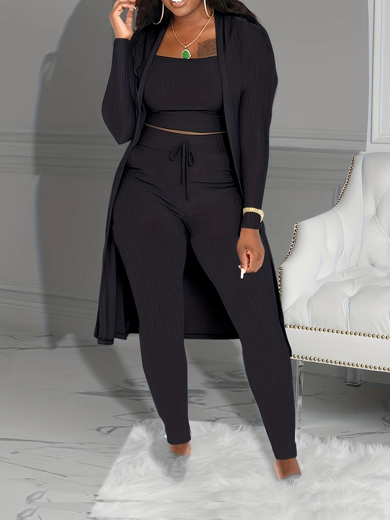 Three-piece Set of Ribbed Solid Casual Outfits, Open Front Long Sleeve Cardigan & Tank Top & Lace Up Pants, Women's Clothing