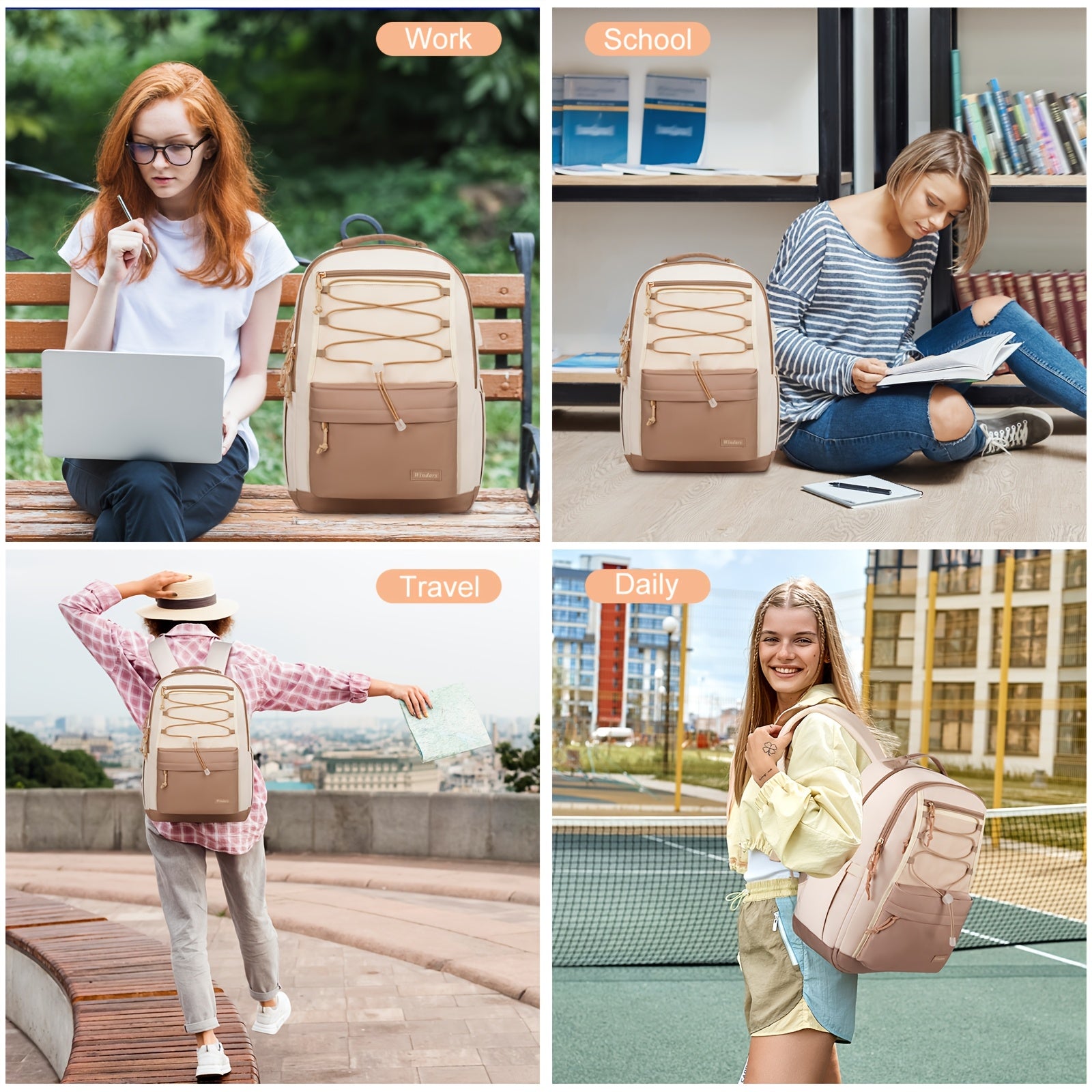 Stylish Large Capacity School Backpack for Teens Girls & Women Students - 15.6 Inch Laptop Bag with USB Charging Port, Durable Polyester College Bookbag, Khaki/Beige Travel Backpack for Work & Daily Commute, Backpack for Scho