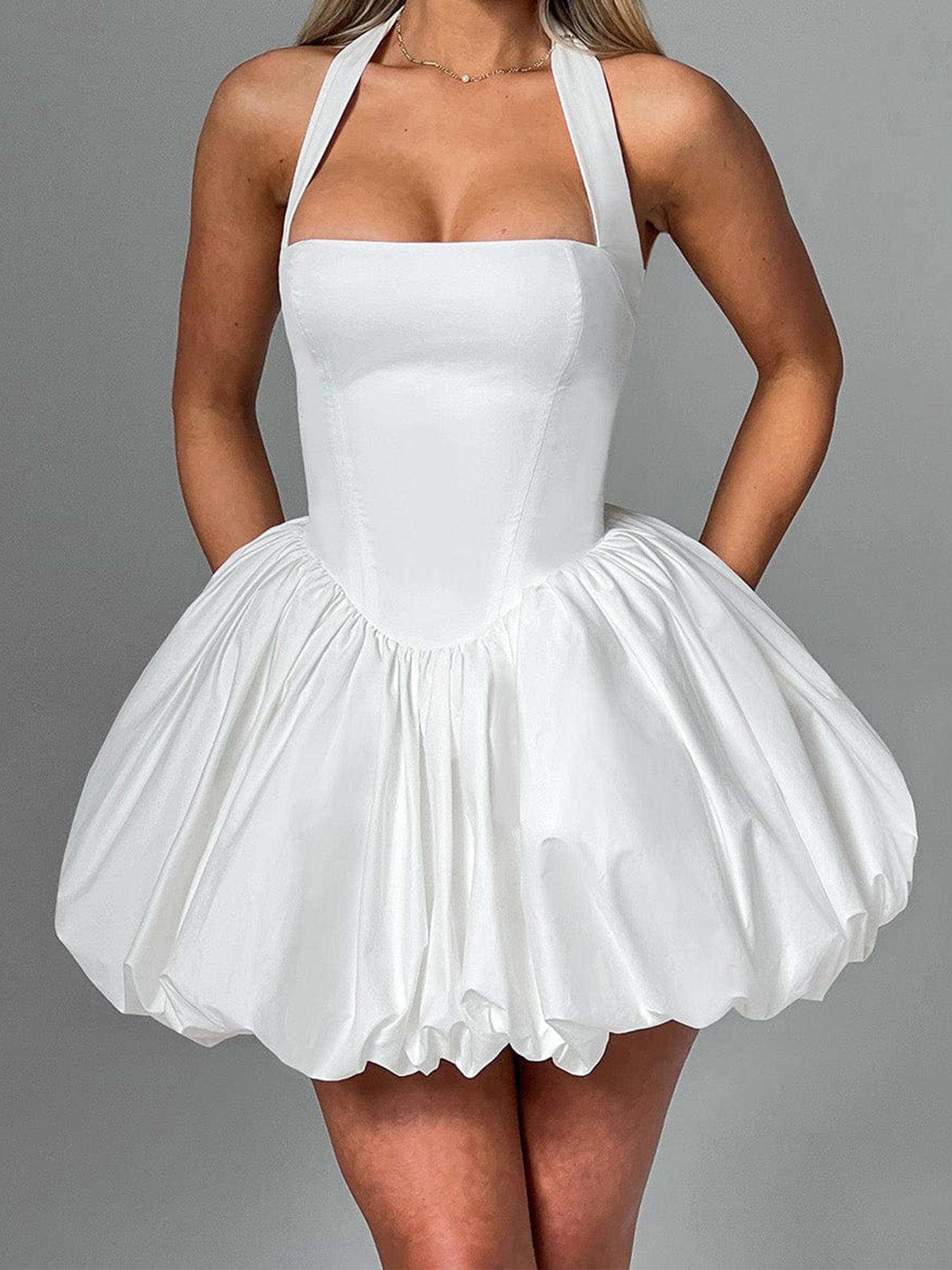Women's Y2K Sleeveless Halter Backless Corset Dress with Adjustable Tie-Up Waist & Flared Bubble Skirt - Solid White Clubwear for Beach, Party, Streetwear - Machine Washable, Dresses for Beach