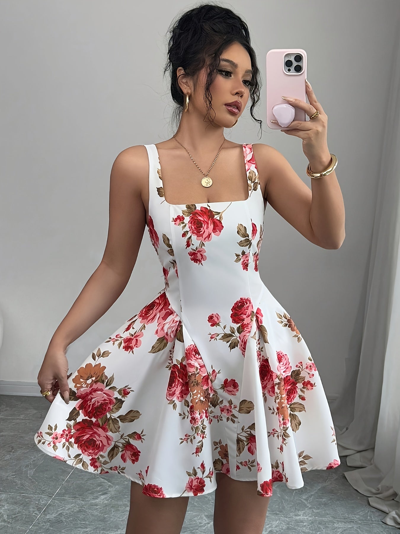 Women's Sleeveless Floral Print A-Line Dress - Square Neck Ruched Detail Summer Dress with Red Roses & Green Foliage, Machine Washable Elegant Casual Outfit