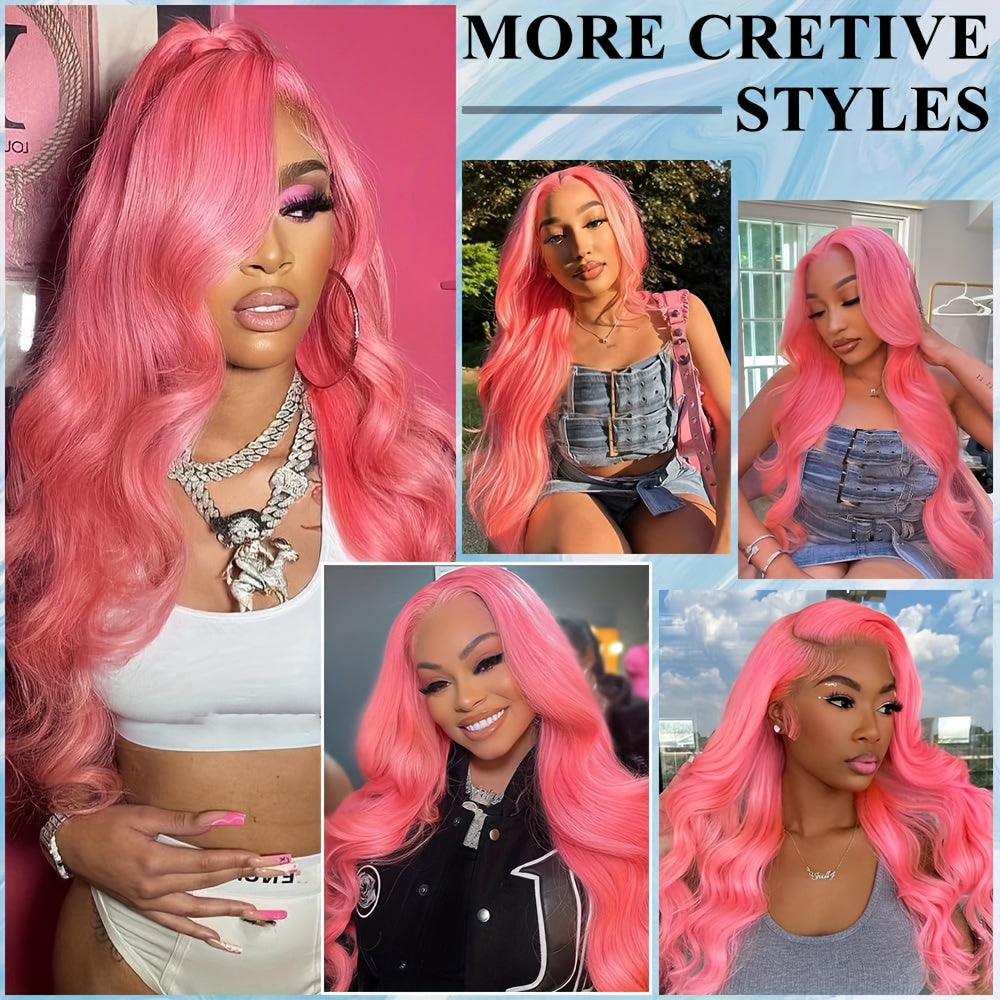 Pink Lace Front Wig Human Hair 13x4 Hd Lace Pink Body Wave Lace Front Wig Human Hair With Baby Hair Colored Wig Human Hair Pre Plucked 200% Density 28 Inch