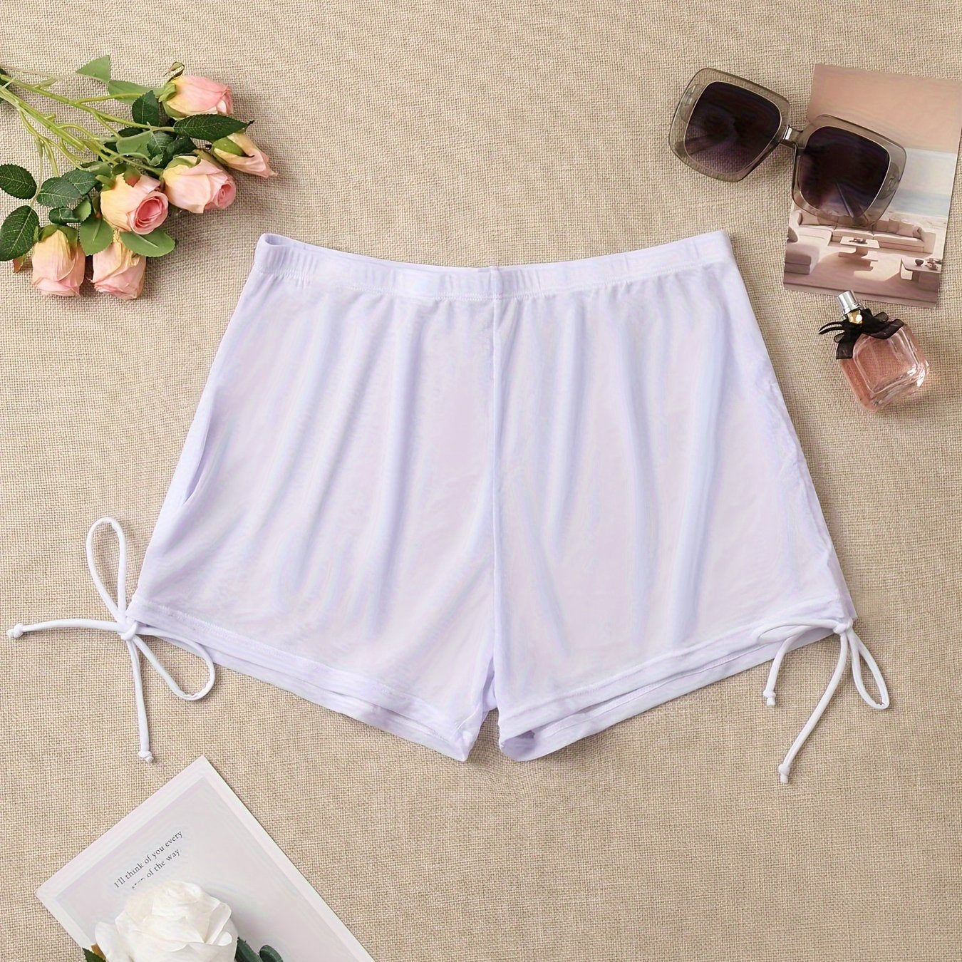 Solid Color Mesh Sexy Swim Shorts, Semi Sheer Side Tie Ruched Bikini Bottoms - Polyester - For Women - Perfect for Beach & Pool - Ideal Gift for Summer