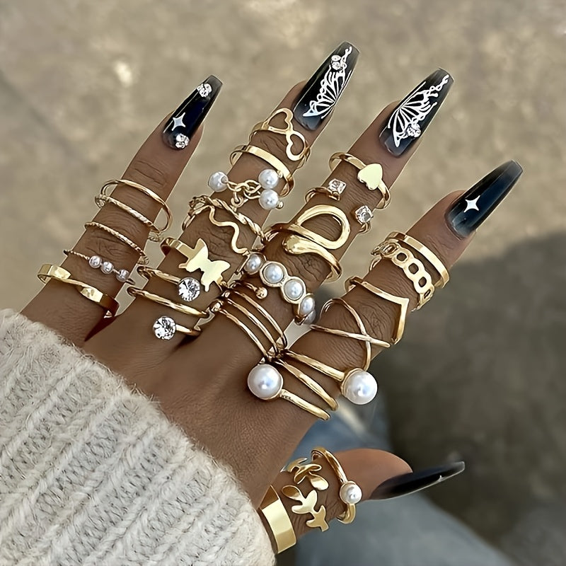 22pcs Exaggerated Fashion Ladies Ring Set, Irregular Ring Set, Houdini, Water Ripple Ring, Perfect For Daily Wear, Birthday Gift, Valentine'S Day Gift