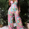 Vibrant Women's Sleeveless Jumpsuit - Casual V-Neck with Tropical Print, Wide Leg, Polyester, Machine Washable - Perfect for All Seasons