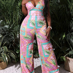Vibrant Women's Sleeveless Jumpsuit - Casual V-Neck with Tropical Print, Wide Leg, Polyester, Machine Washable - Perfect for All Seasons