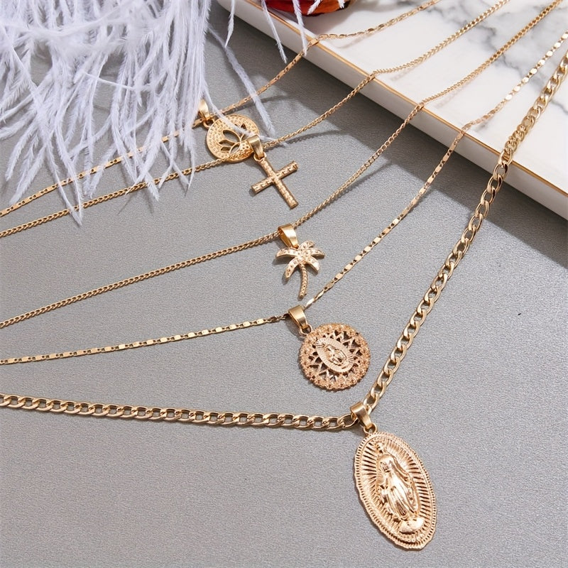 5pcs Simple Bohemian Cross Pendant Necklace Set, Daily Party Accessories, Best Gift for Friends