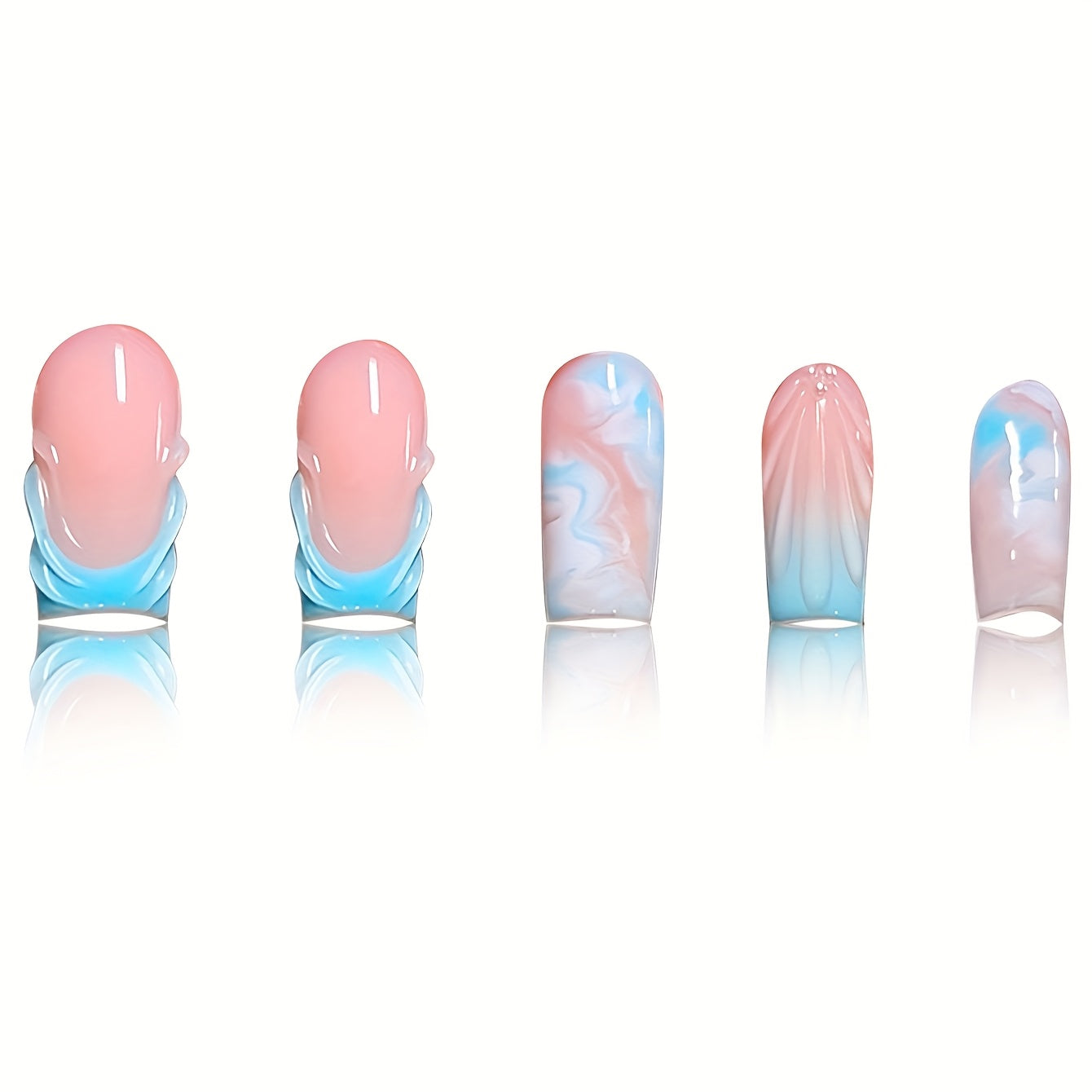 A Set of 24 Full-Cover Press-On Fake Nails Featuring Blue Wave Designs, Sparkling Diamonds, And Cloud Patterns in a Blue French Style, Along with Three-Dimensional Gel Stripes. These Medium Square-Shaped Fashionable Press-On
