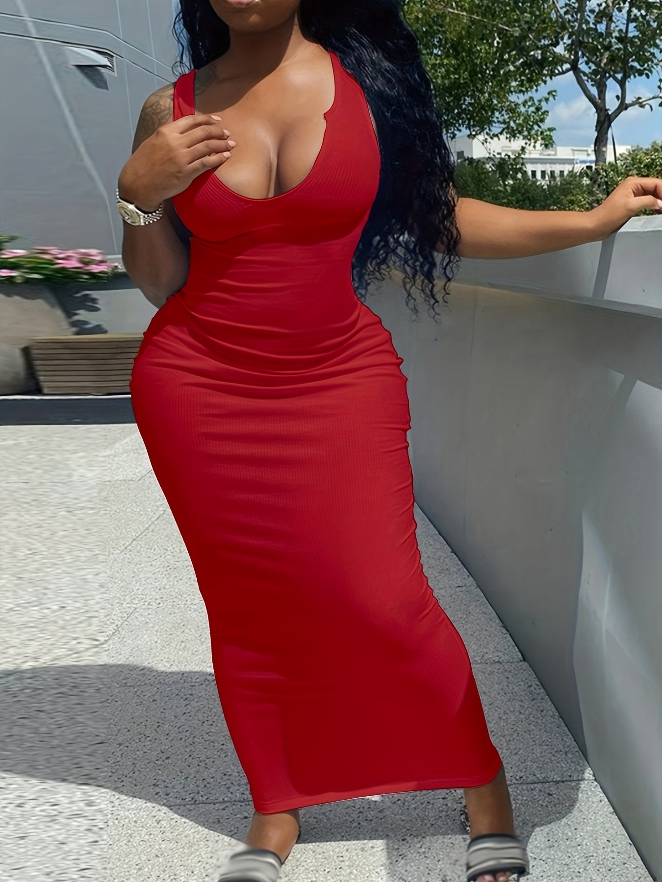 Sleek Notched Neck Bodycon Tank Dress - Sleeveless, Casual, Spring & Summer Essential - Womens Clothing for a Chic Look