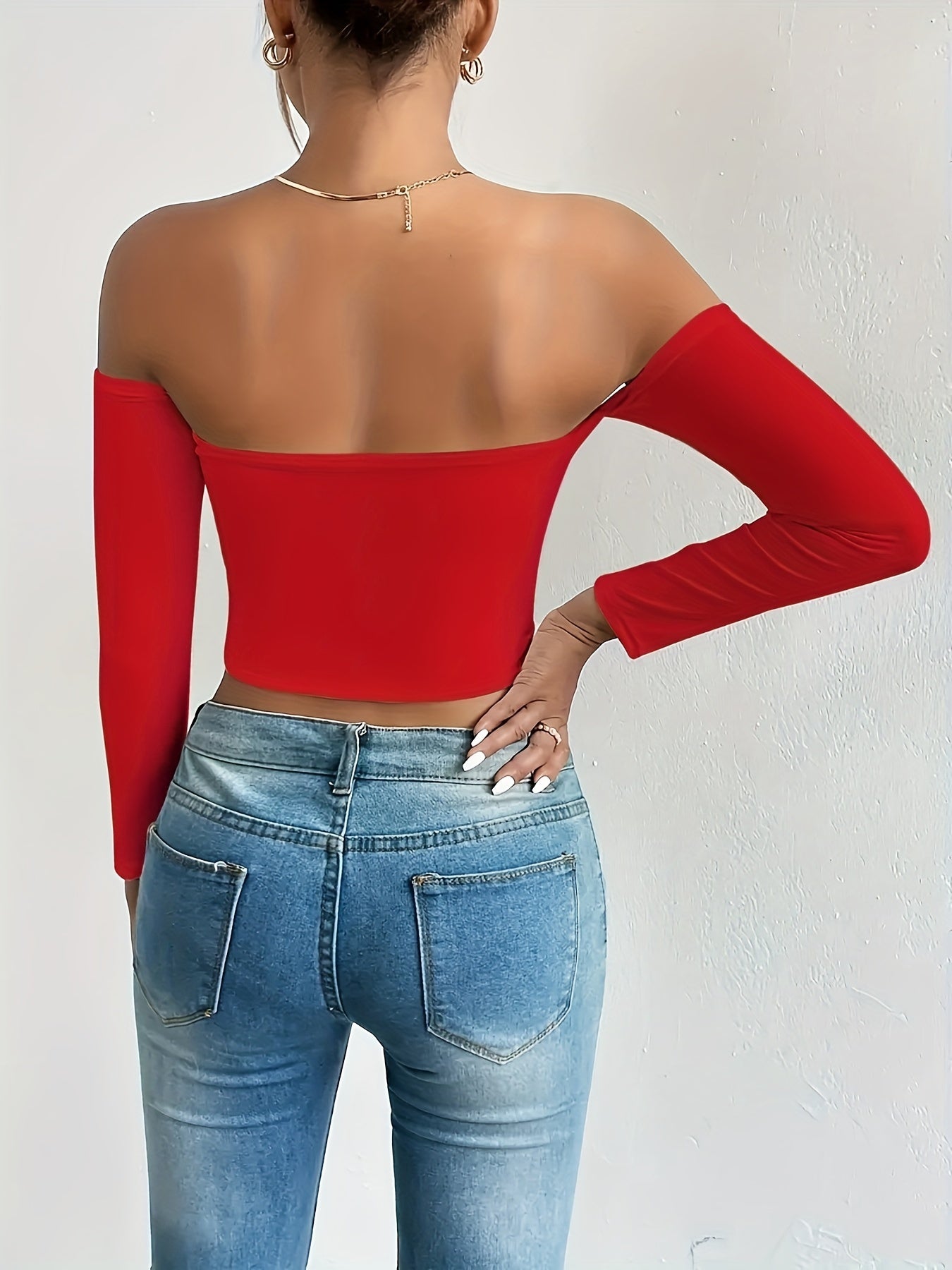 Off Shoulder Crop T-Shirt, Sexy Long Sleeve Slim Top For Spring & Fall, Women's Clothing