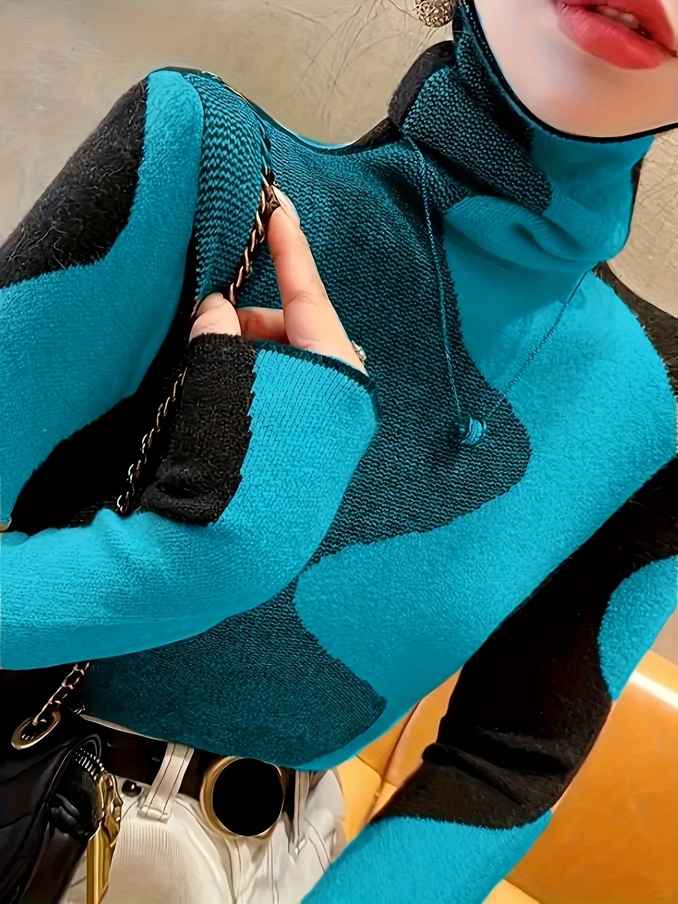 Elegant Turtleneck Sweater for Women - Chic Geometric Pattern, Soft Knit Blend, Perfect for Fall/Winter, Machine Washable