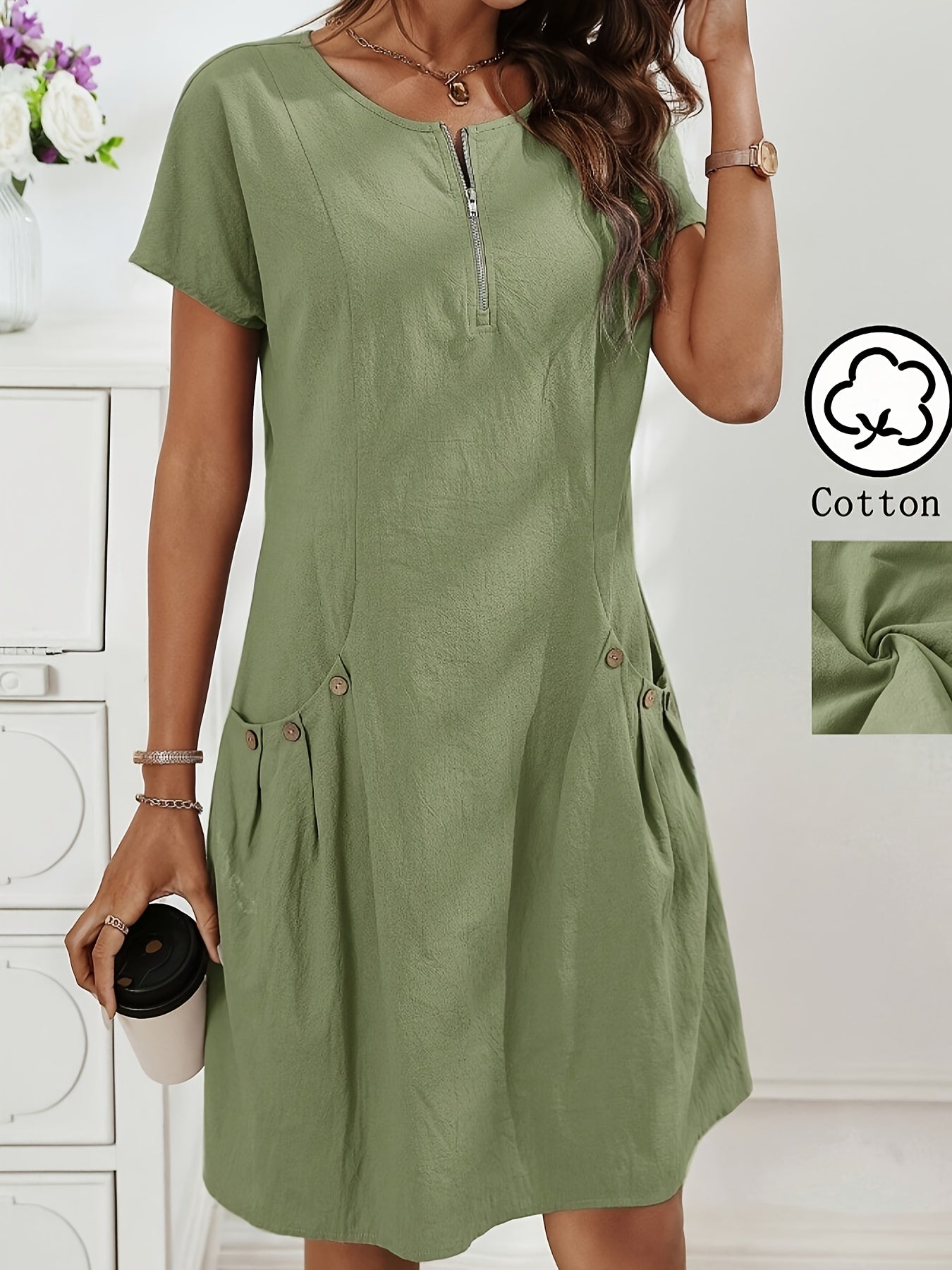 Women's Light Pink Summer Casual Dress with Zipper Half Placket, Button Decor & Double Pockets - Elegant Loose Fit for Spring/Summer, Cute Summer Dresses
