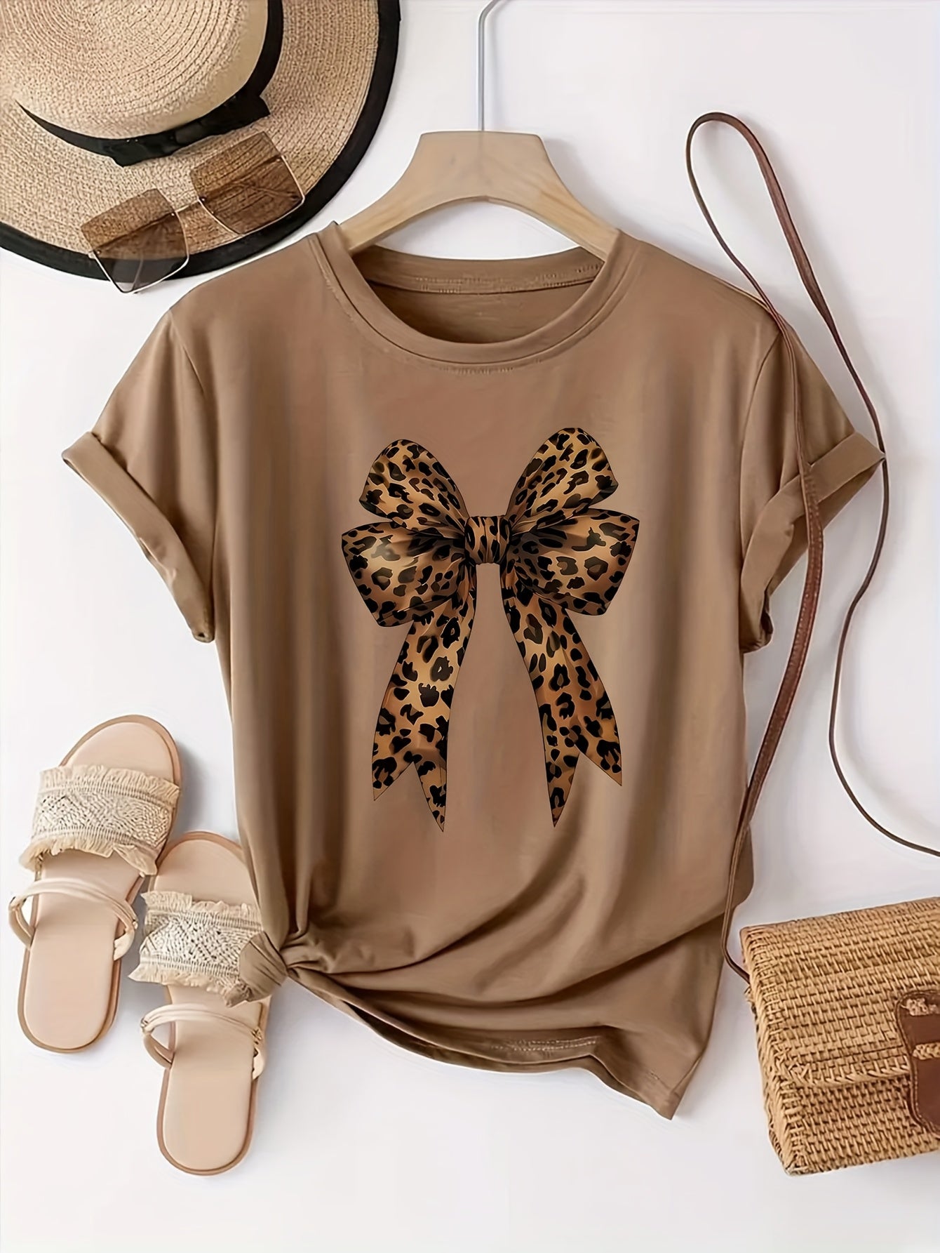 Women's Casual Leopard Print Bowknot T-Shirt - Short Sleeve, Round Neck, Soft & Comfortable Fabric, Perfect for Spring/Summer Fashion, Green Graphic Tee with Stylish Bow Design, Casual Wear | Playful Graphic Tee | Stylish Gra